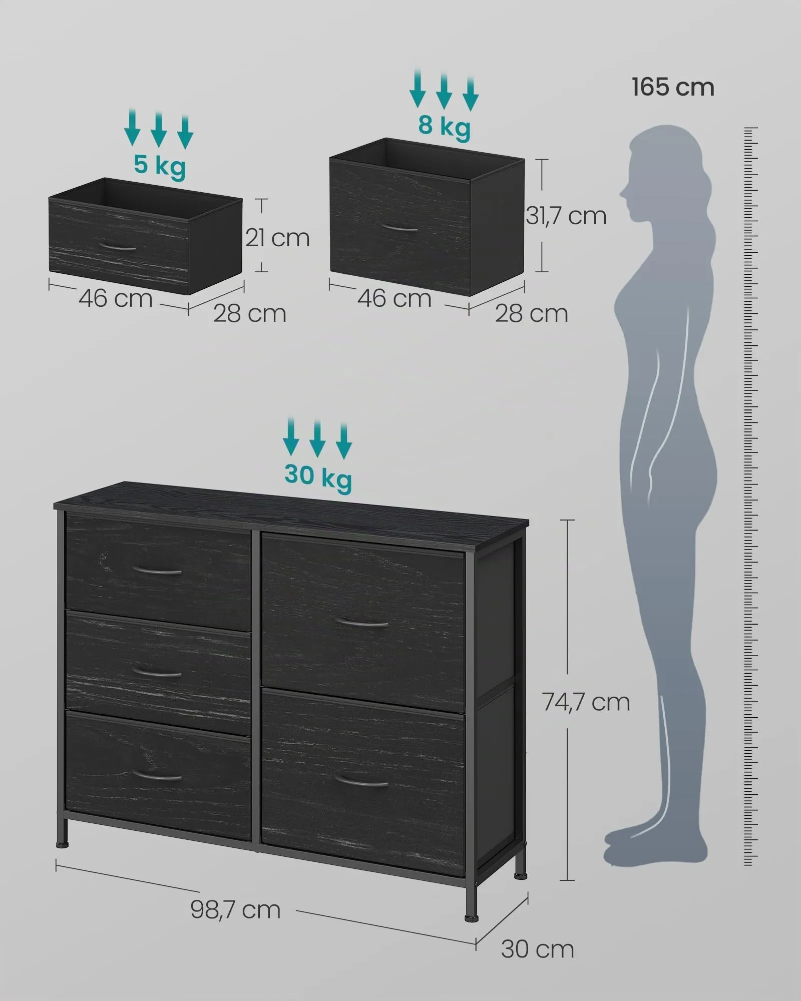 SONGMICS Cassettiera con 5 Cassetti in Tessuto, Struttura in Acciaio, Nero Ebano, 98,7 x 30 x 74,7 cm, LGS235B201 - immagine 3