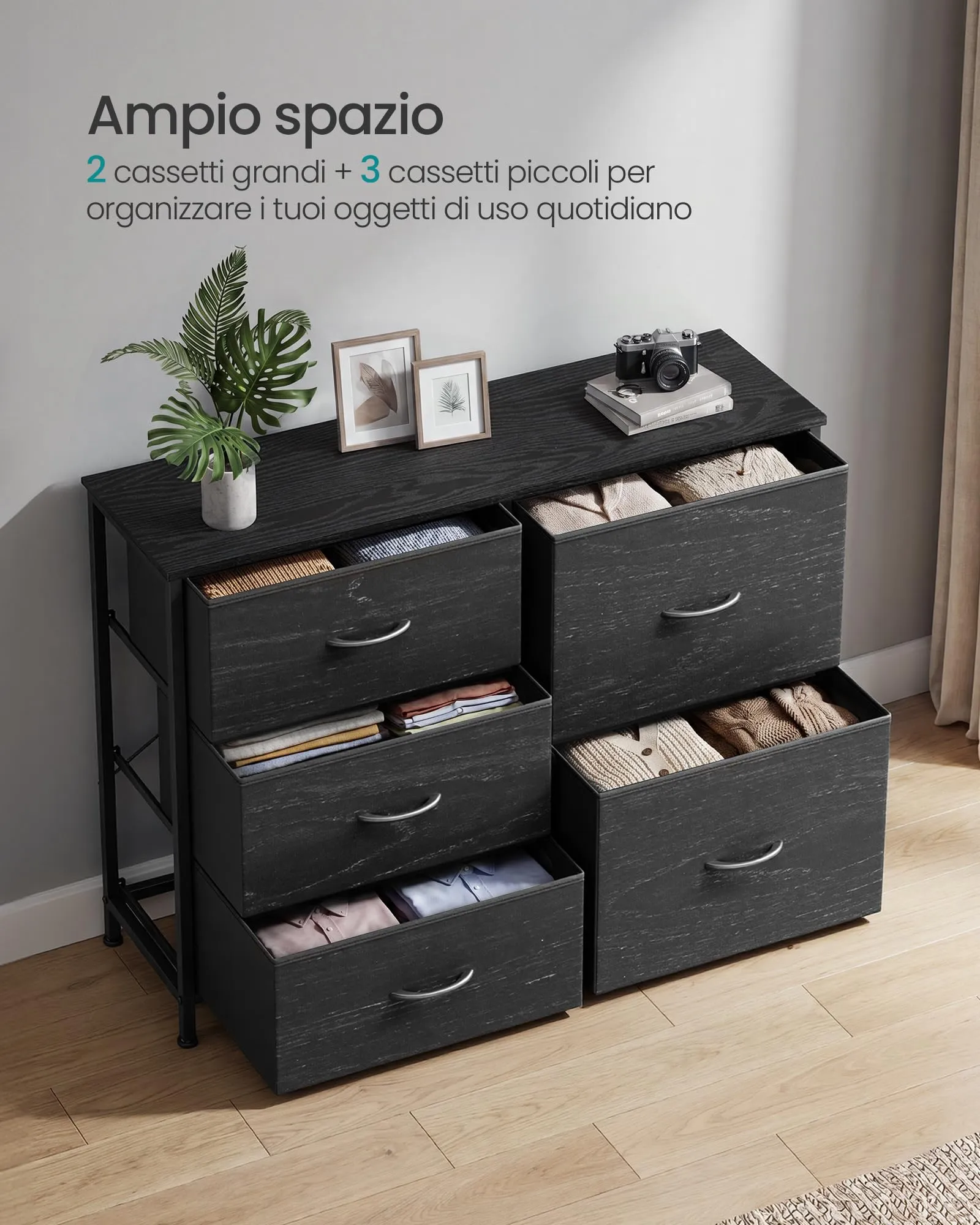 SONGMICS Cassettiera con 5 Cassetti in Tessuto, Struttura in Acciaio, Nero Ebano, 98,7 x 30 x 74,7 cm, LGS235B201 - immagine 4