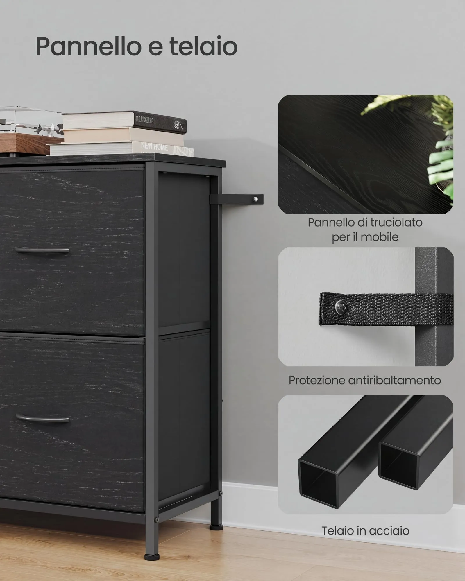 SONGMICS Cassettiera con 5 Cassetti in Tessuto, Struttura in Acciaio, Nero Ebano, 98,7 x 30 x 74,7 cm, LGS235B201 - immagine 6