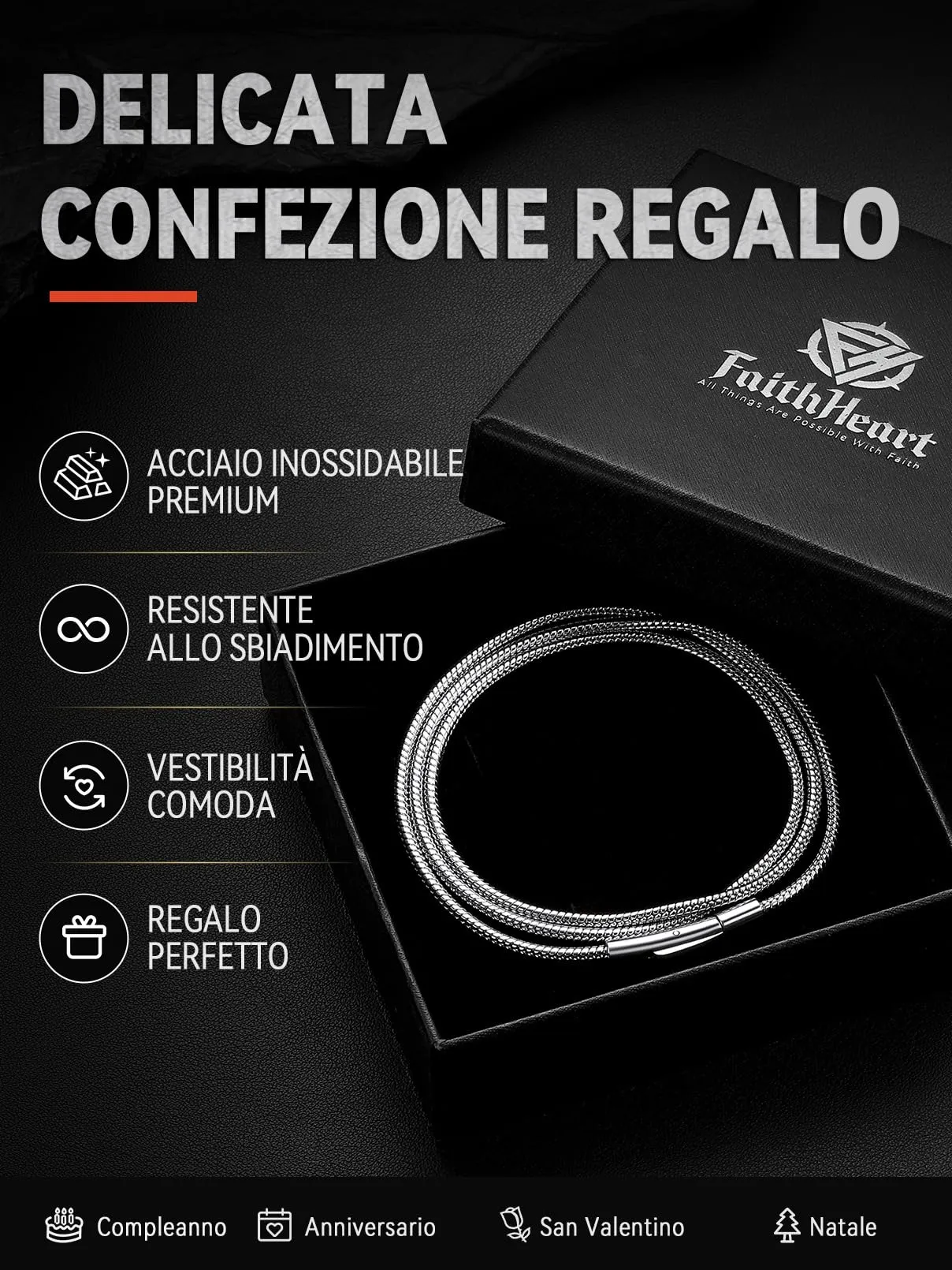FaithHeart Collana Uomo Catena Serpente Acciaio Inox 3mm 50cm - immagine 9