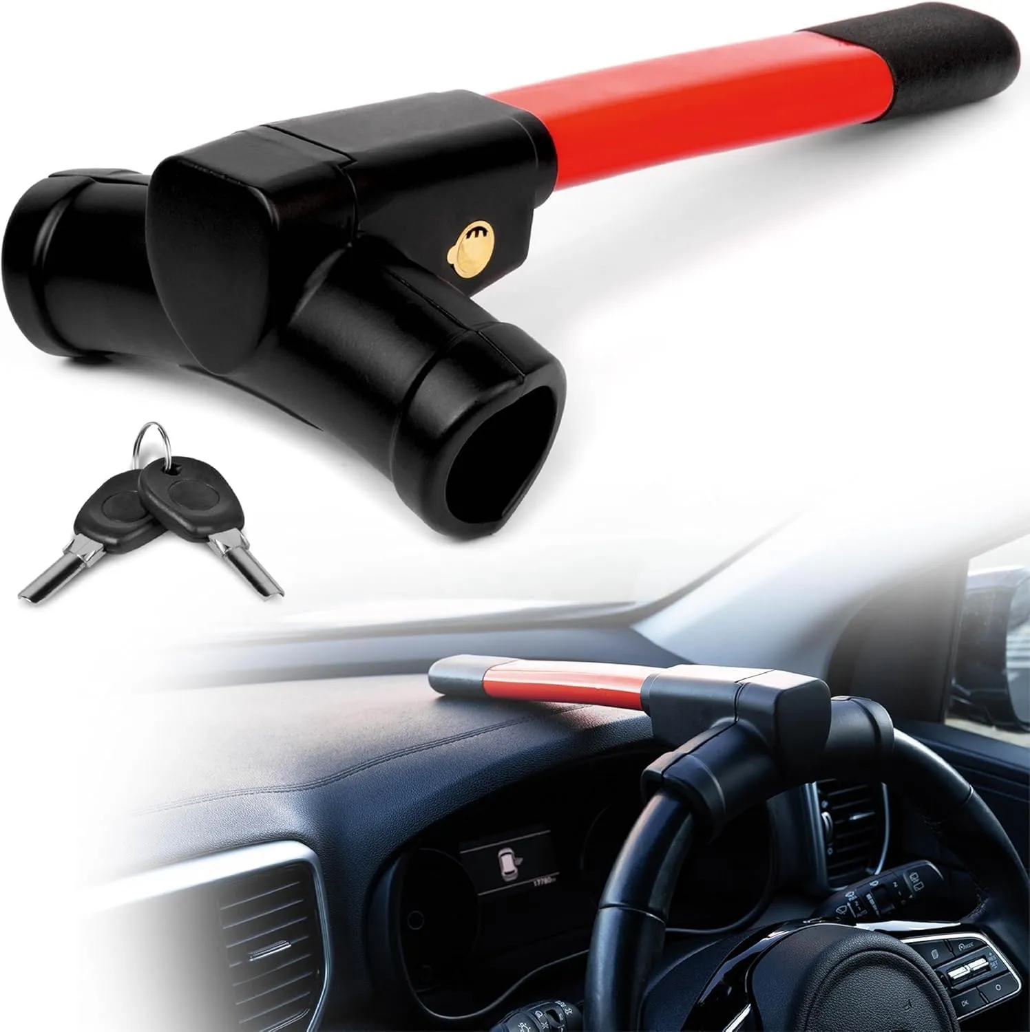 Frogetu Bloccasterzo Antifurto a T Universale con 2 Chiavi di Sicurezza, Rosso/Nero - immagine 1