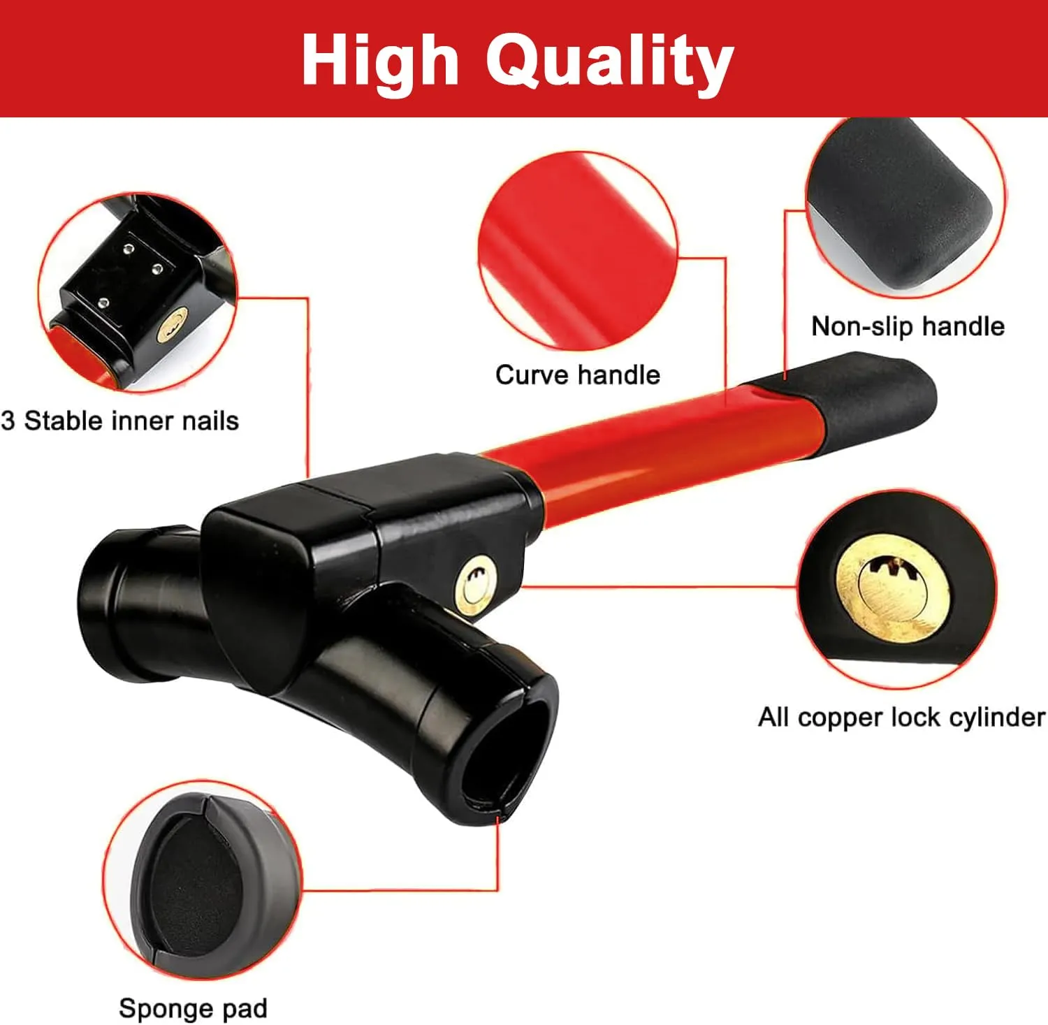 Frogetu Bloccasterzo Antifurto a T Universale con 2 Chiavi di Sicurezza, Rosso/Nero - immagine 3