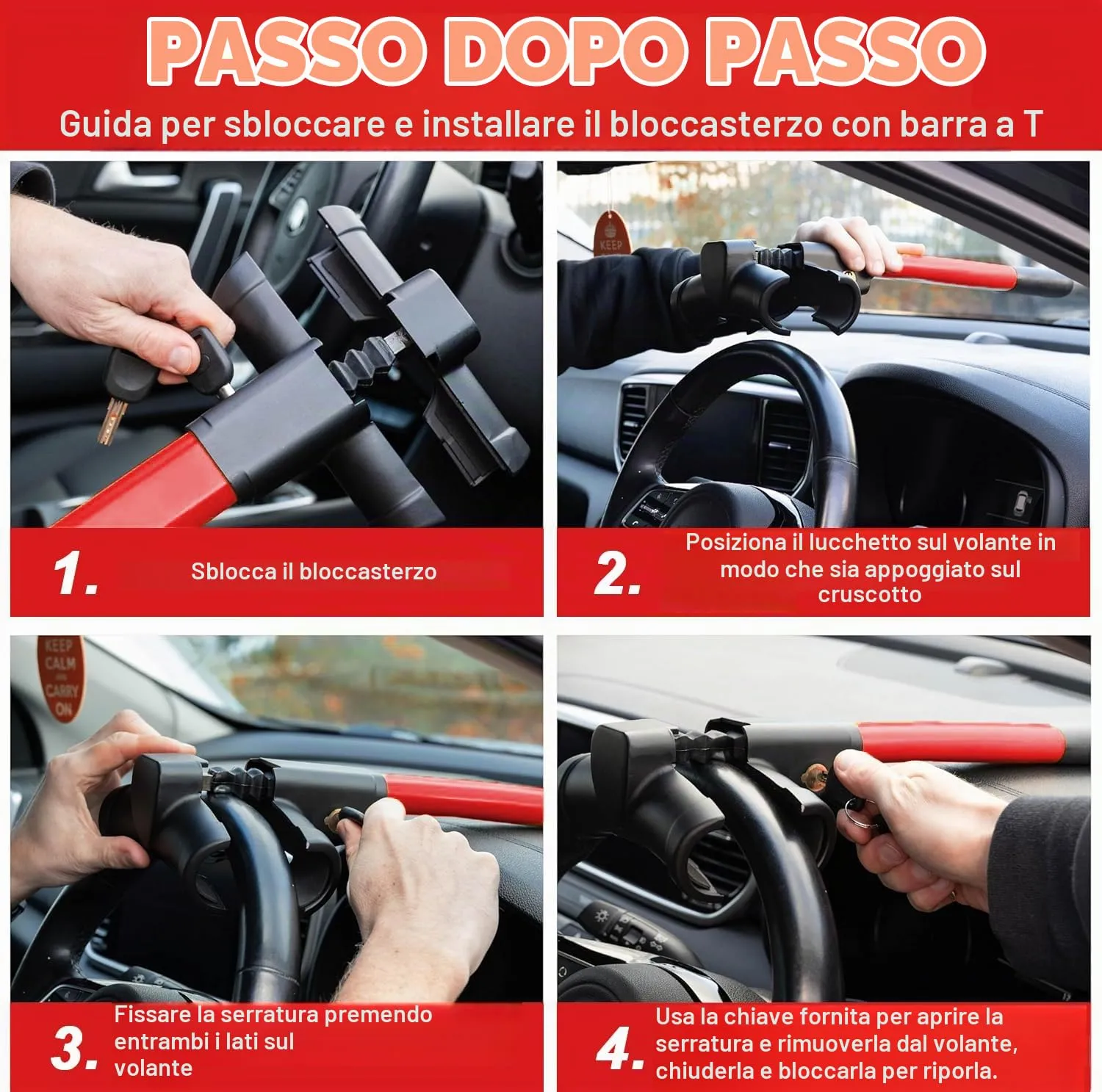 Frogetu Bloccasterzo Antifurto a T Universale con 2 Chiavi di Sicurezza, Rosso/Nero - immagine 5