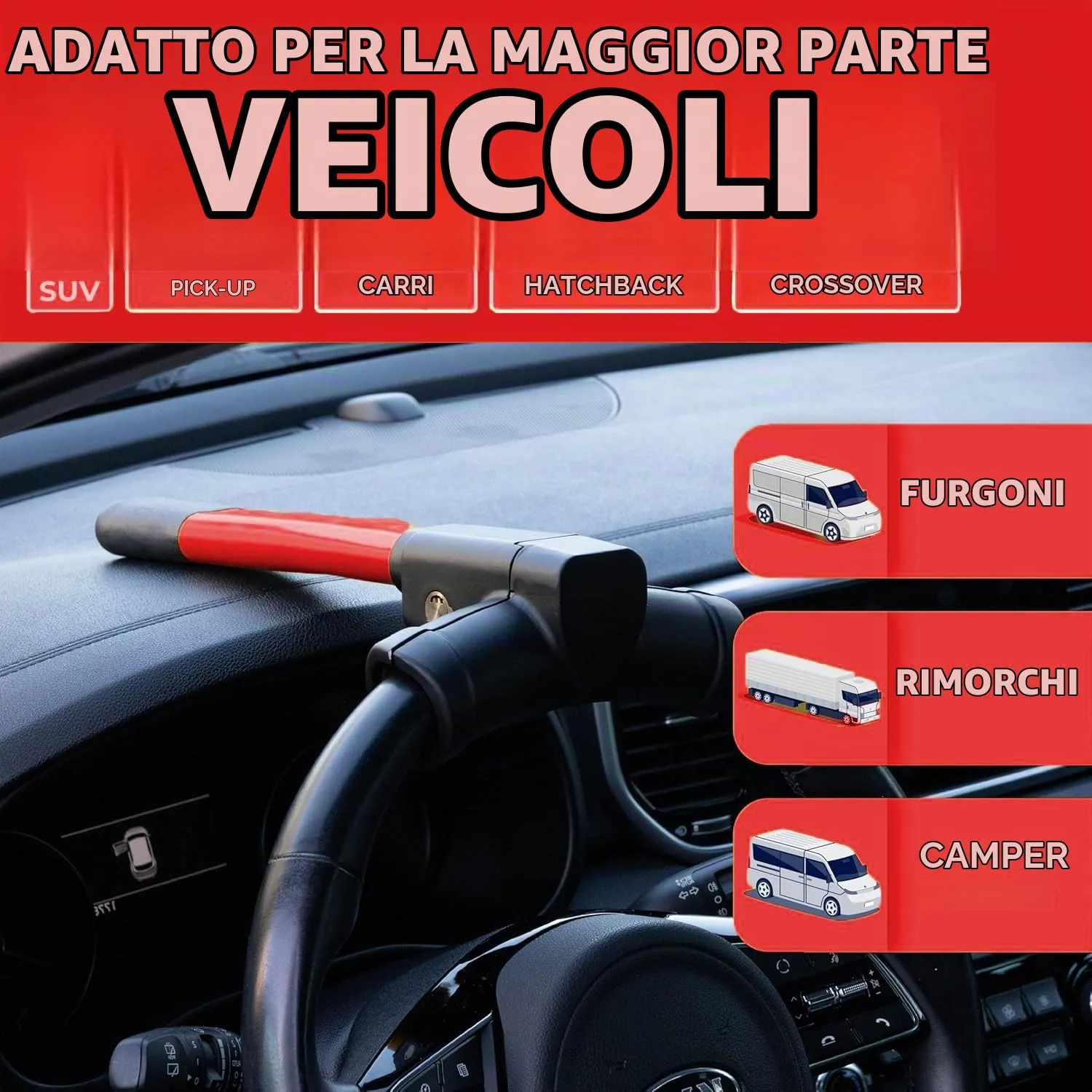 Frogetu Bloccasterzo Antifurto a T Universale con 2 Chiavi di Sicurezza, Rosso/Nero - immagine 7
