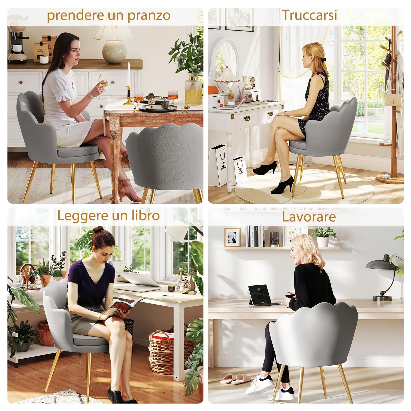 Ckaff Poltrona Conchiglia in Velluto con Gambe in Oro, Grigio - immagine 3