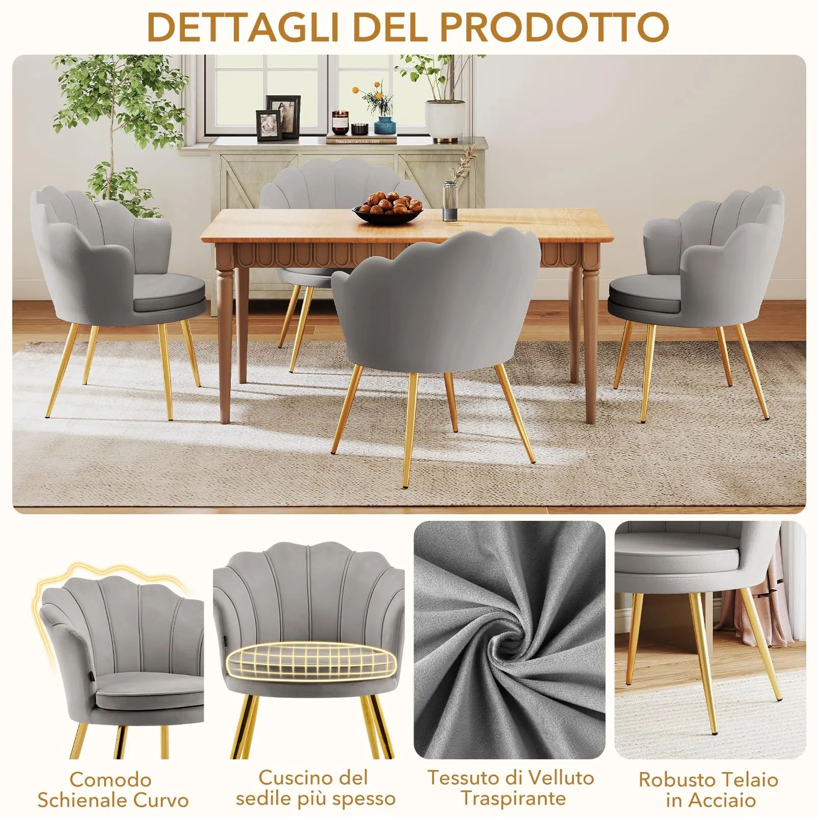Ckaff Poltrona Conchiglia in Velluto con Gambe in Oro, Grigio - immagine 4