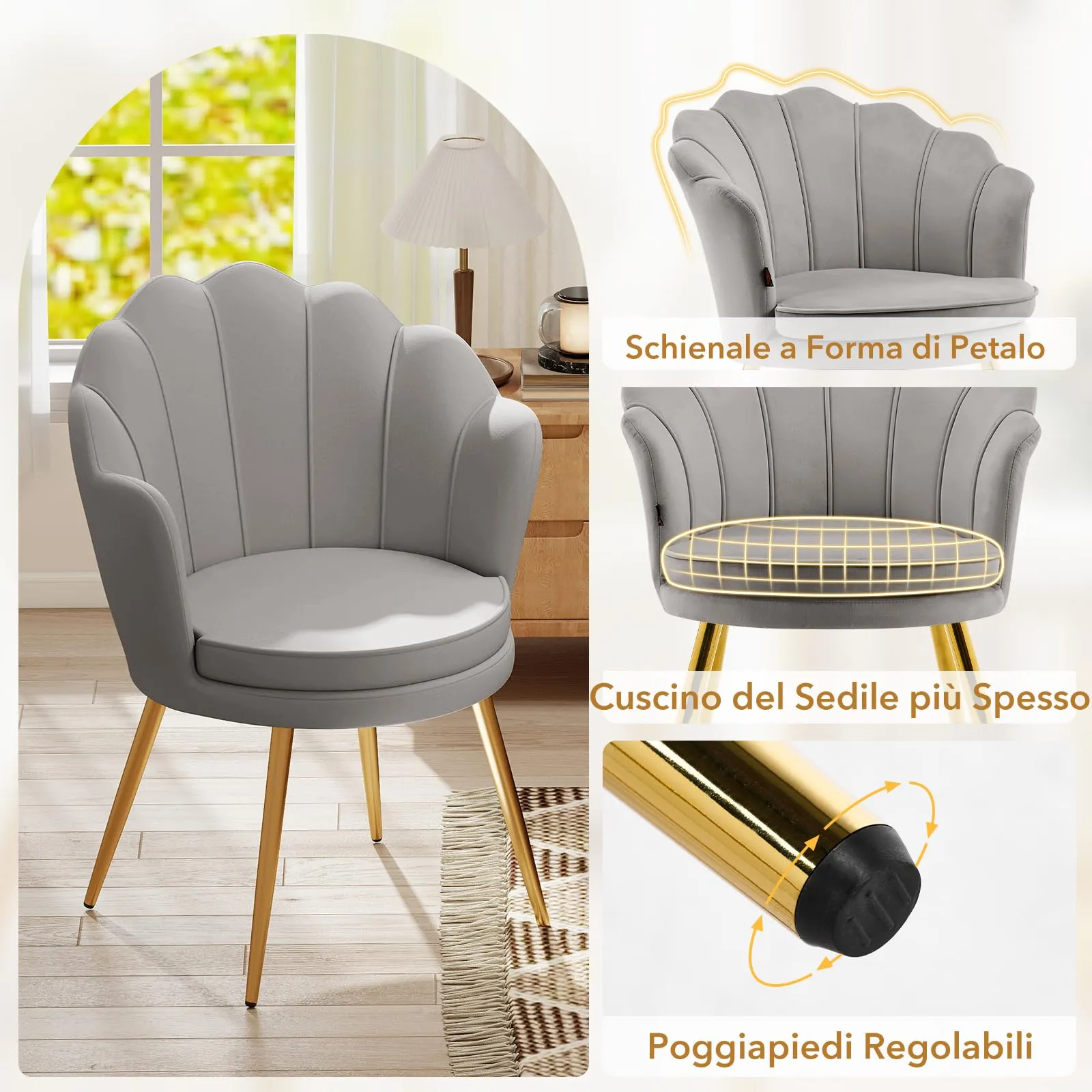 Ckaff Poltrona Conchiglia in Velluto con Gambe in Oro, Grigio - immagine 5