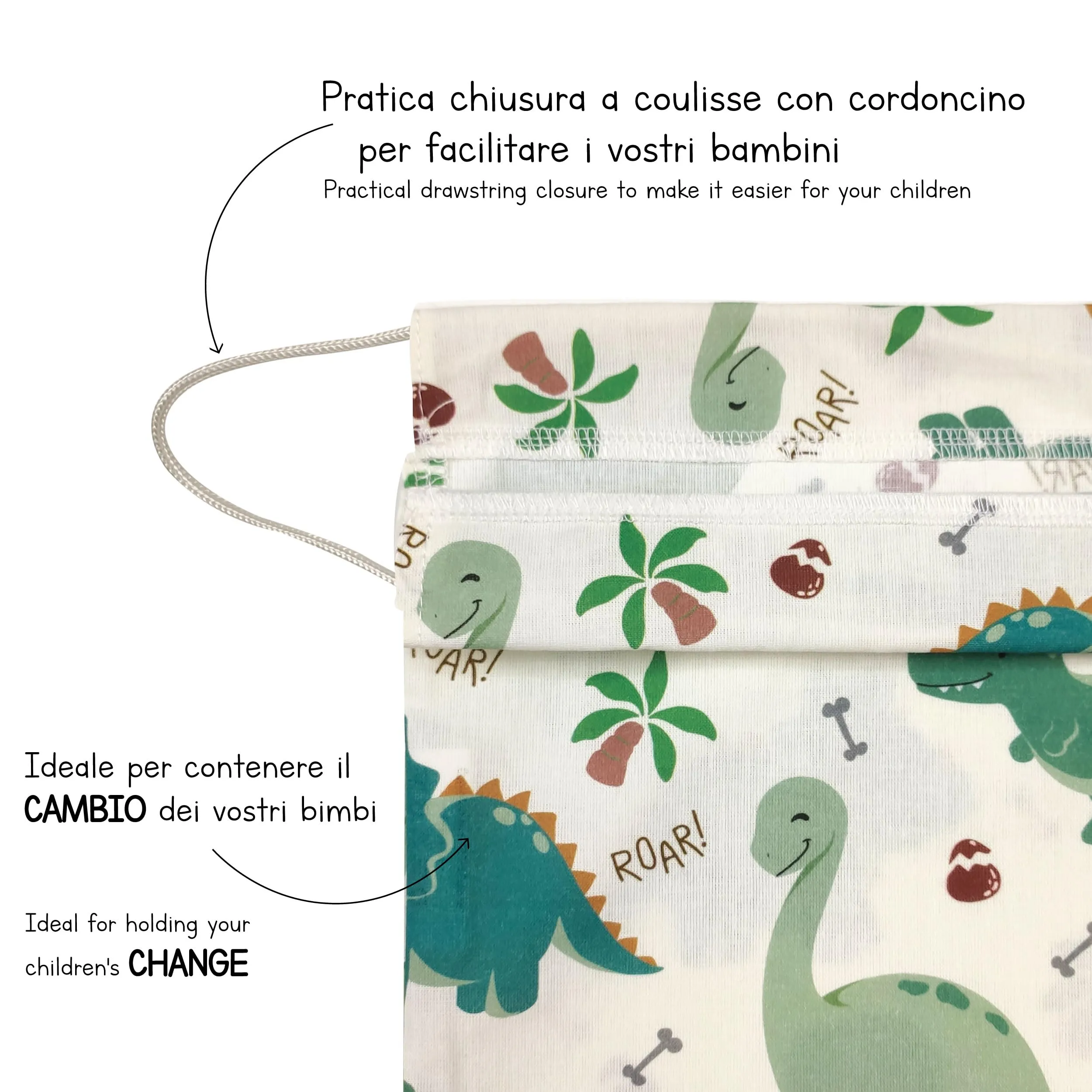 Panini Tessuti Sacchetto Cambio Asilo Nido in Cotone 34x44 cm - Dinosauri, Sacchetto Ricamato - immagine 5