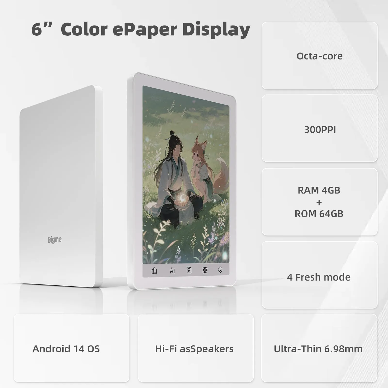 Bigme B6 Lettore ePaper a colori 6 pollici Android 14, 4+64 GB (Bianco) - immagine 2