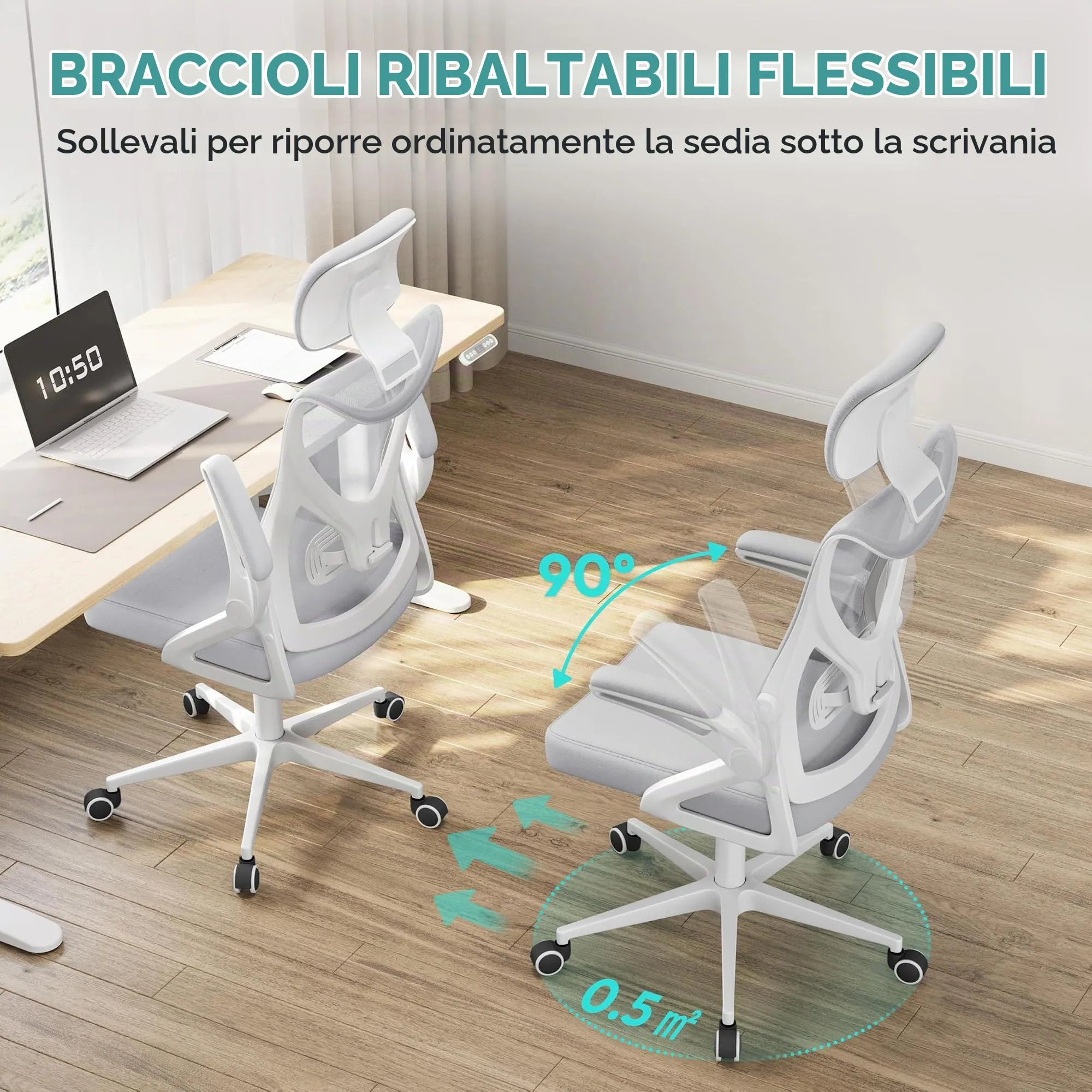 Yaheetech Sedia Ufficio Ergonomica con Supporto Lombare, Grigio Chiaro - immagine 3