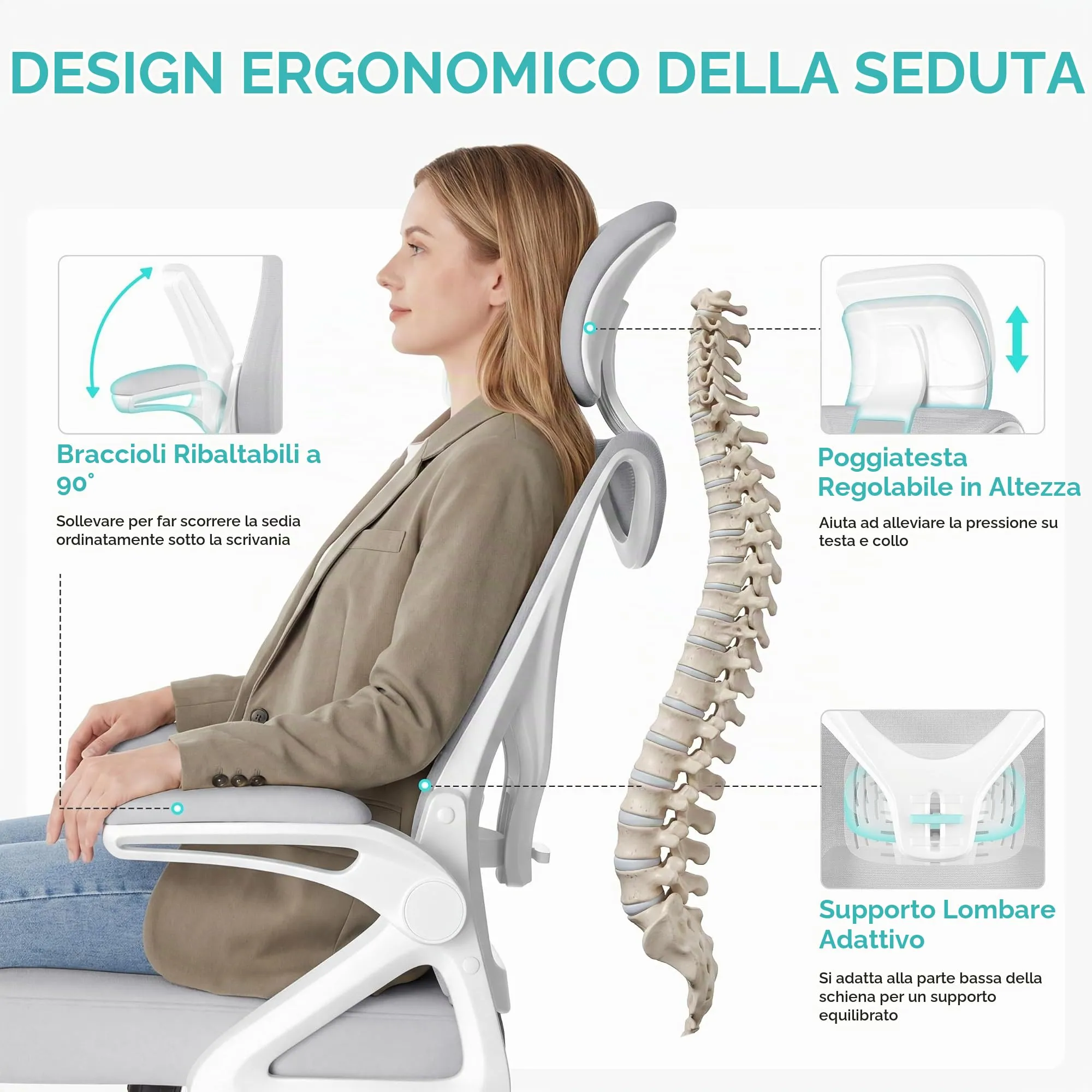 Yaheetech Sedia Ufficio Ergonomica con Supporto Lombare, Grigio Chiaro - immagine 4