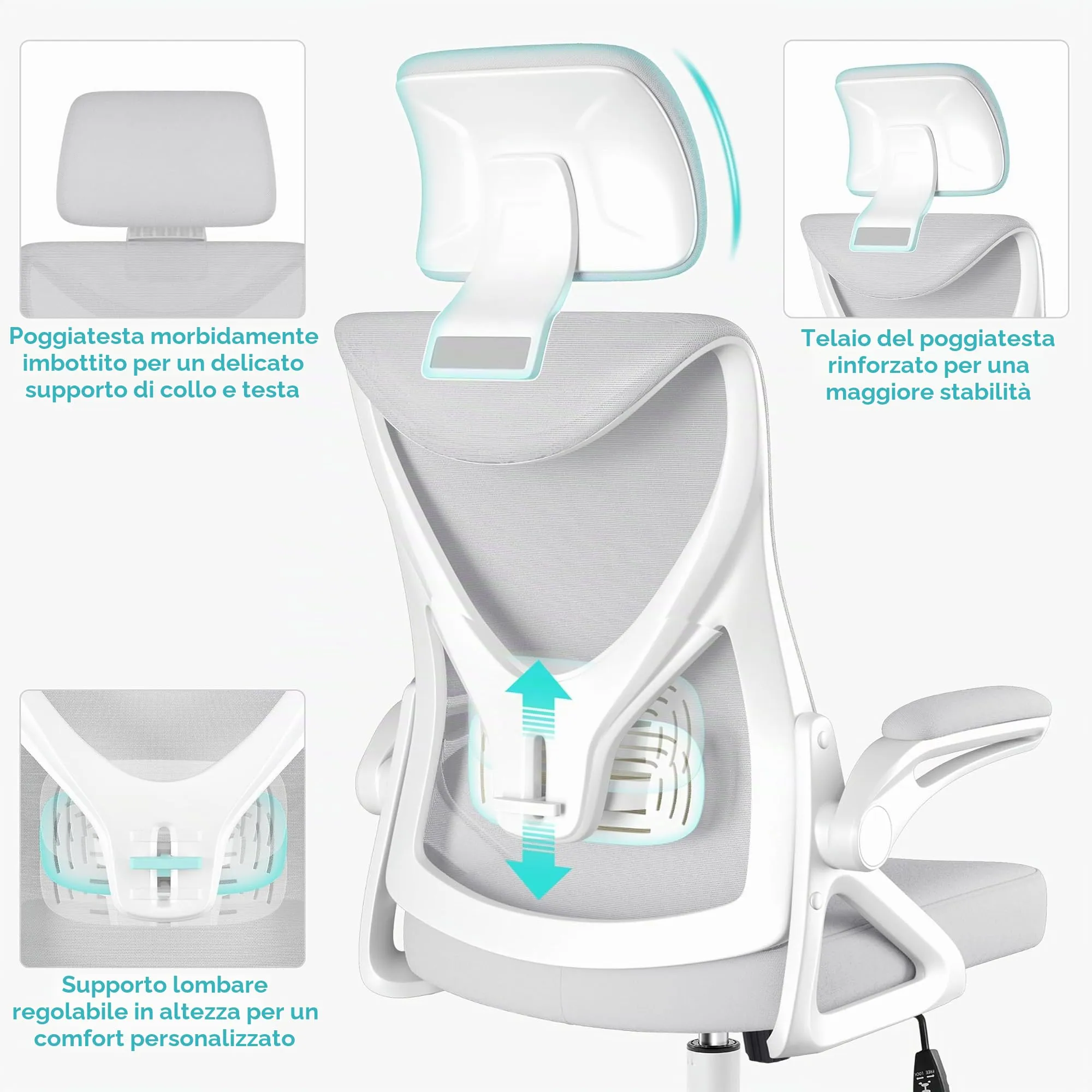 Yaheetech Sedia Ufficio Ergonomica con Supporto Lombare, Grigio Chiaro - immagine 5