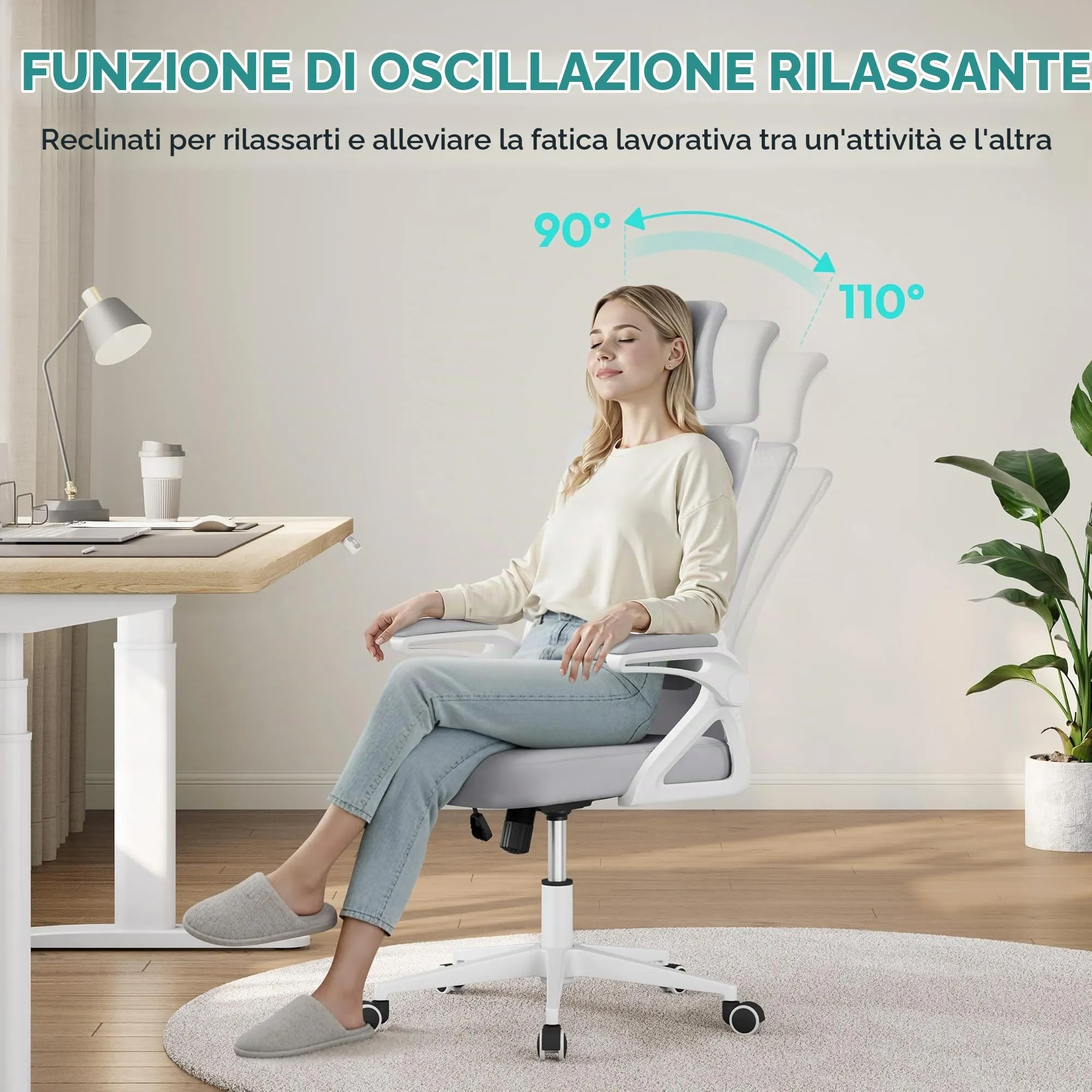 Yaheetech Sedia Ufficio Ergonomica con Supporto Lombare, Grigio Chiaro - immagine 8