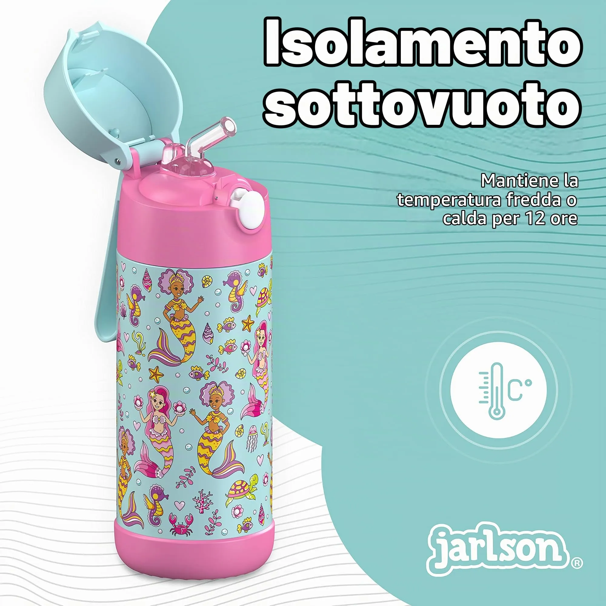 Jarlson Borraccia per Bambini CHARLI 355 ml - Bottiglia Termica in Acciaio Inossidabile con Cannuccia - immagine 2