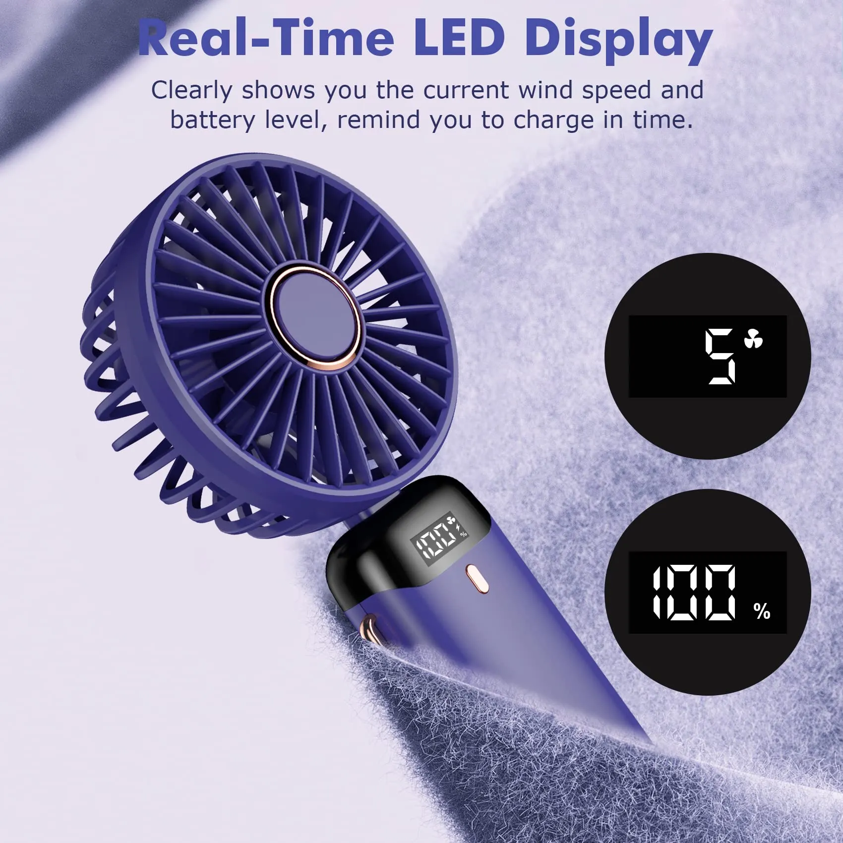 Rafada Mini Ventilatore Portatile Ricaricabile, 5 Velocità, Batteria 4200 mAh, USB Pieghevole - immagine 3