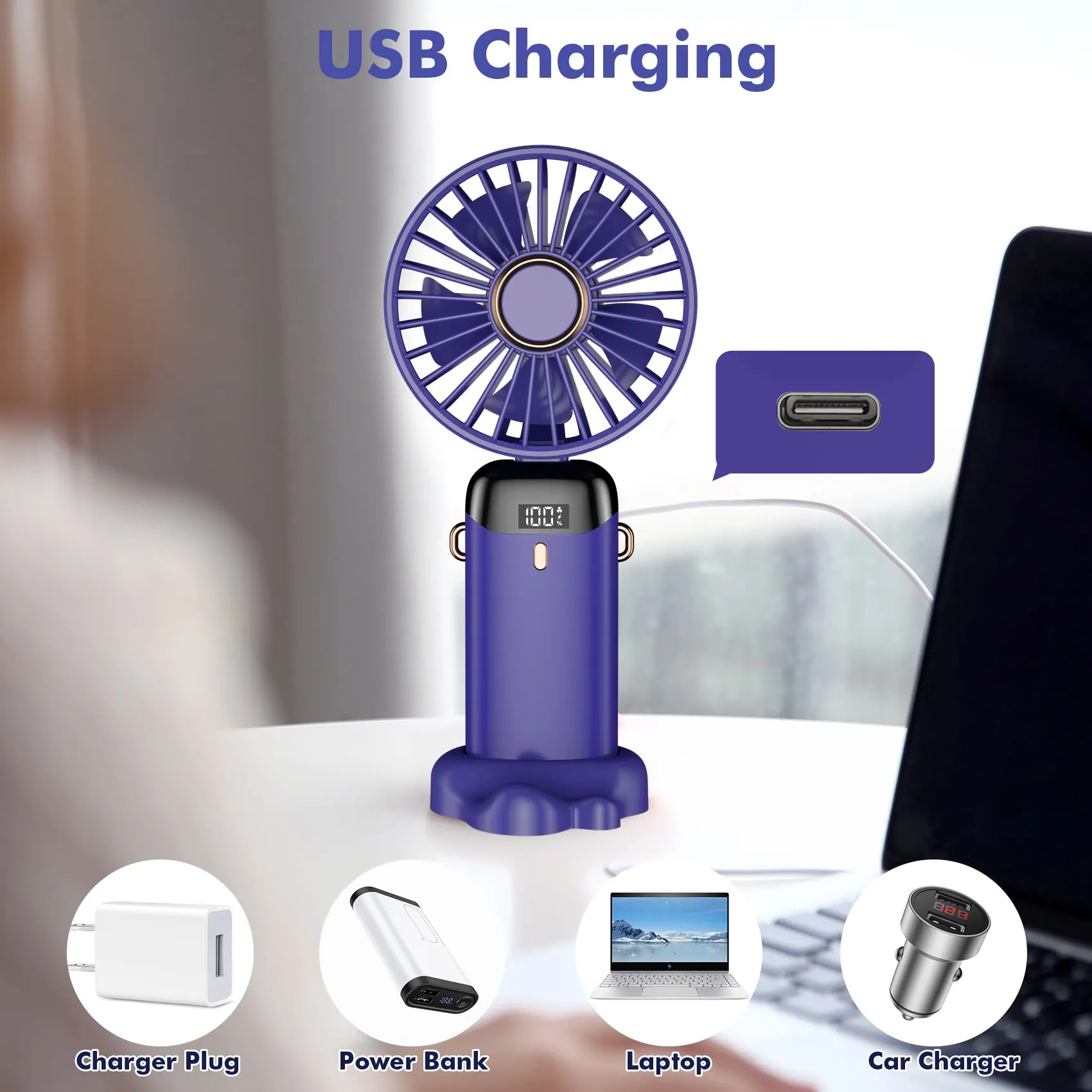 Rafada Mini Ventilatore Portatile Ricaricabile, 5 Velocità, Batteria 4200 mAh, USB Pieghevole - immagine 6