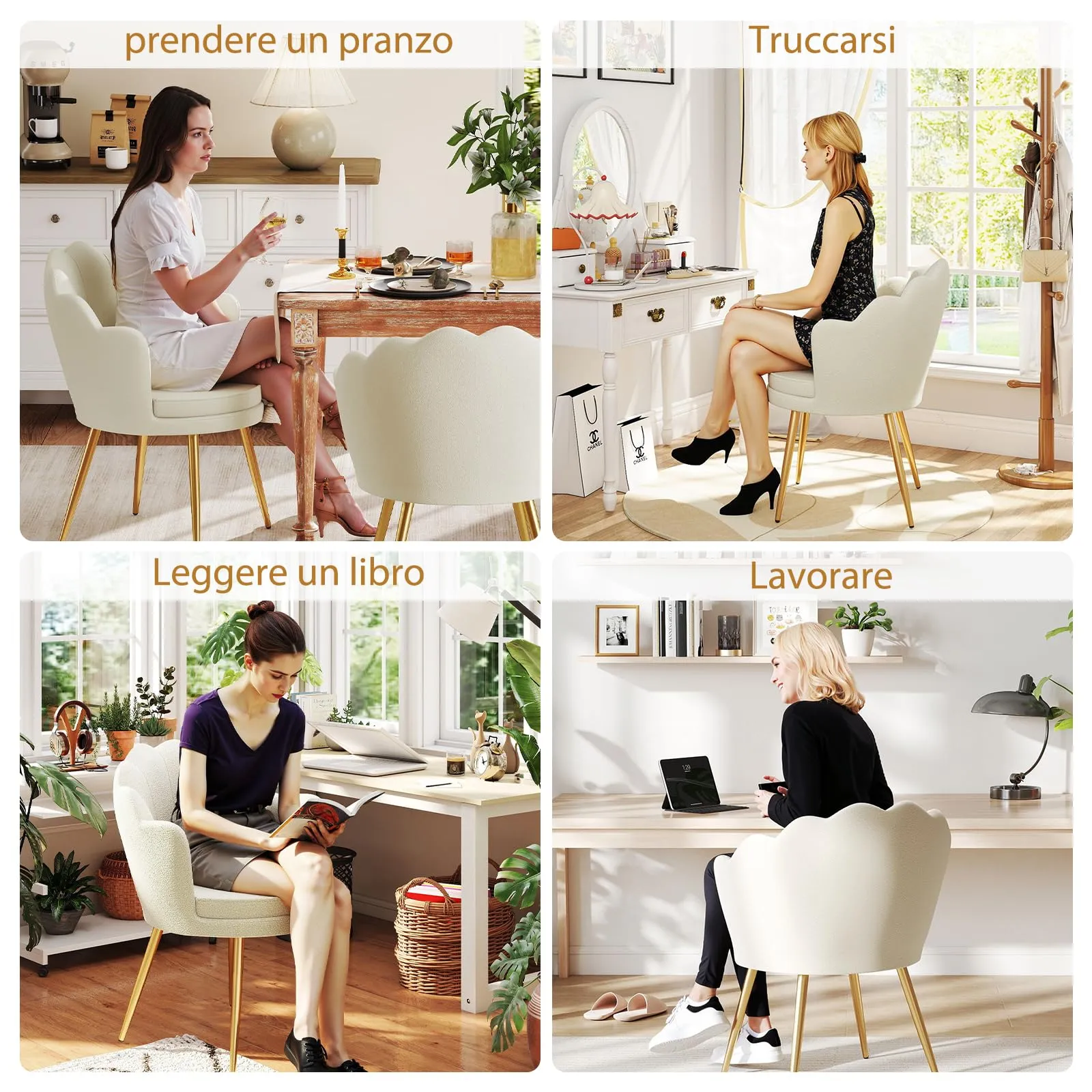 Ckaff Poltrona Conchiglia in Teddy Bouclé con Gambe in Oro, Bianco - immagine 2