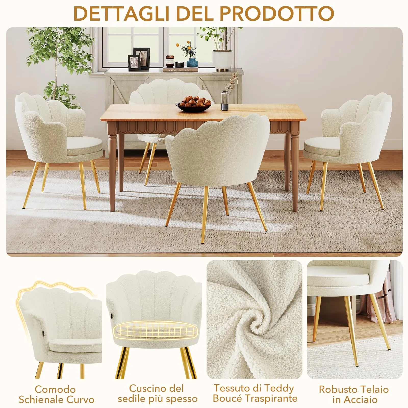 Ckaff Poltrona Conchiglia in Teddy Bouclé con Gambe in Oro, Bianco - immagine 4
