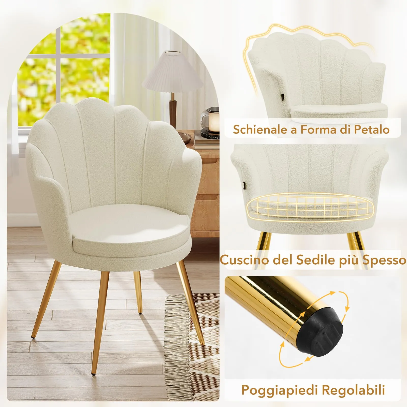 Ckaff Poltrona Conchiglia in Teddy Bouclé con Gambe in Oro, Bianco - immagine 5