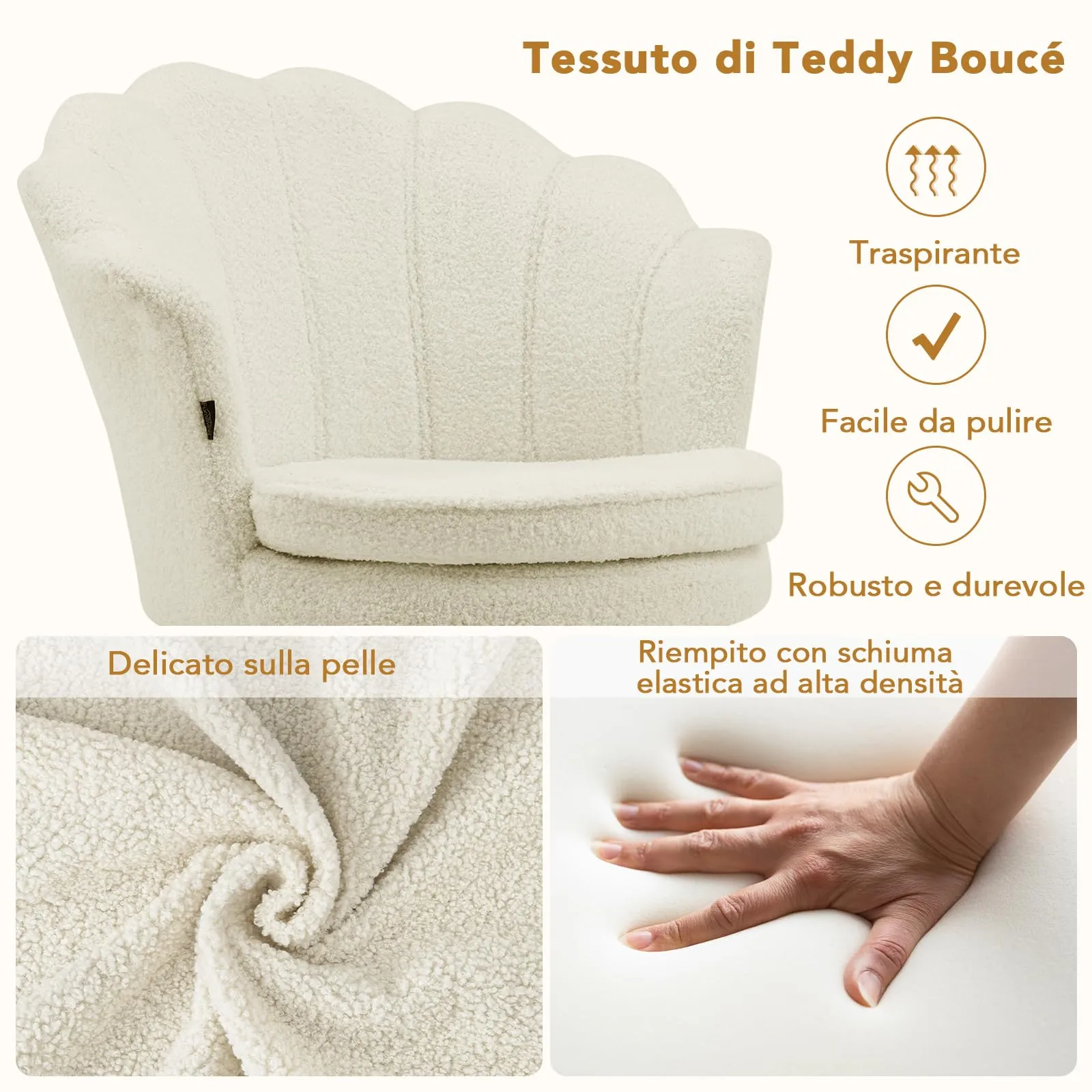 Ckaff Poltrona Conchiglia in Teddy Bouclé con Gambe in Oro, Bianco - immagine 6