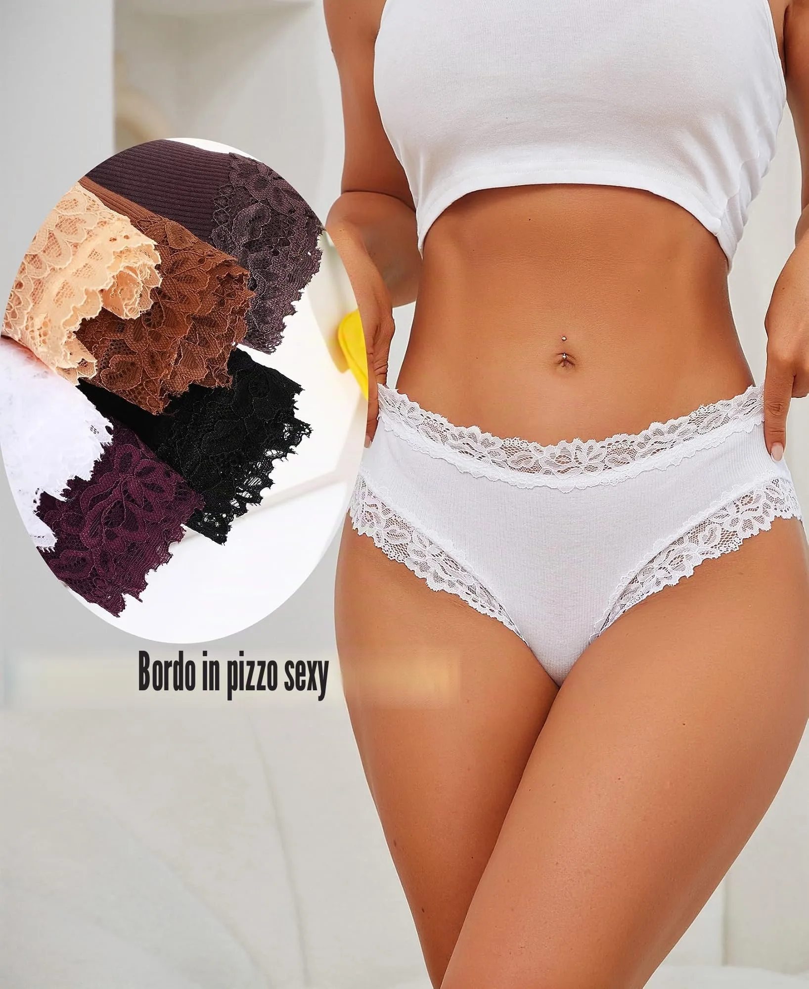 ALL OF SHE Biancheria Intima da Donna in Cotone Brasiliano e Pizzo, Slip Hipster, 6 Pezzi, Taglia M - immagine 3