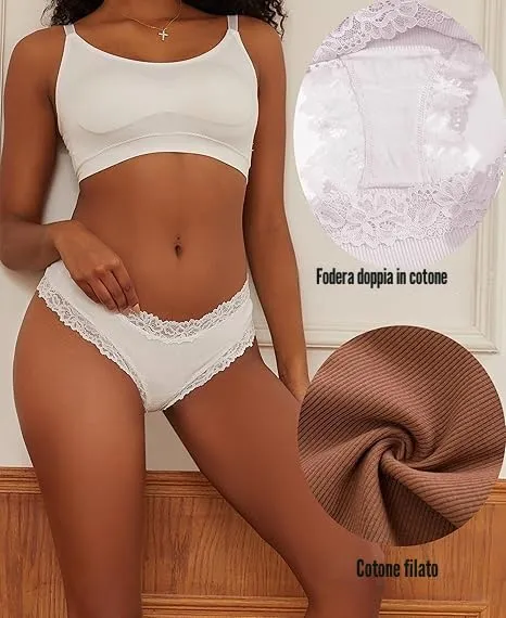 ALL OF SHE Biancheria Intima da Donna in Cotone Brasiliano e Pizzo, Slip Hipster, 6 Pezzi, Taglia M - immagine 5