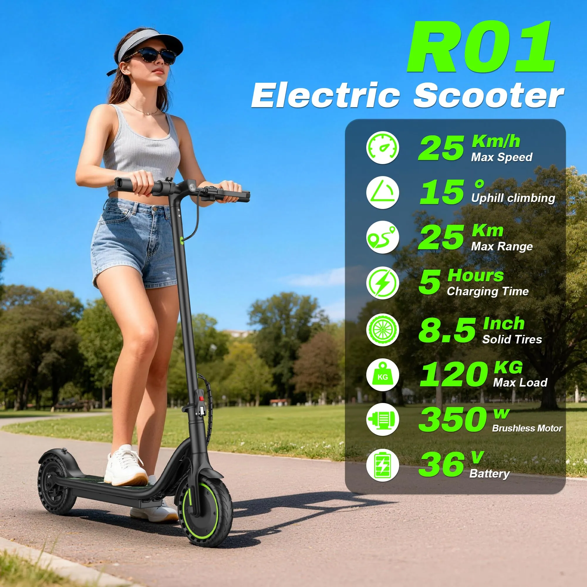 Riceel Monopattino Elettrico Pieghevole 350W, 25km/h, Pneumatici Solidi 8.5" - immagine 3