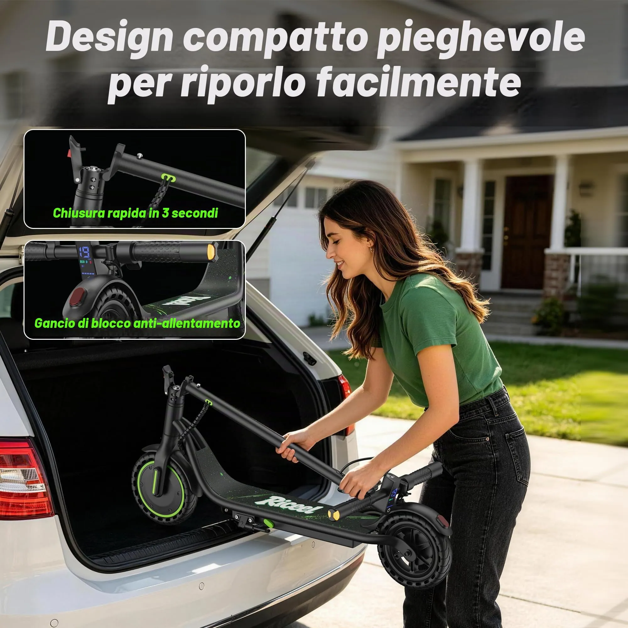 Riceel Monopattino Elettrico Pieghevole 350W, 25km/h, Pneumatici Solidi 8.5" - immagine 7