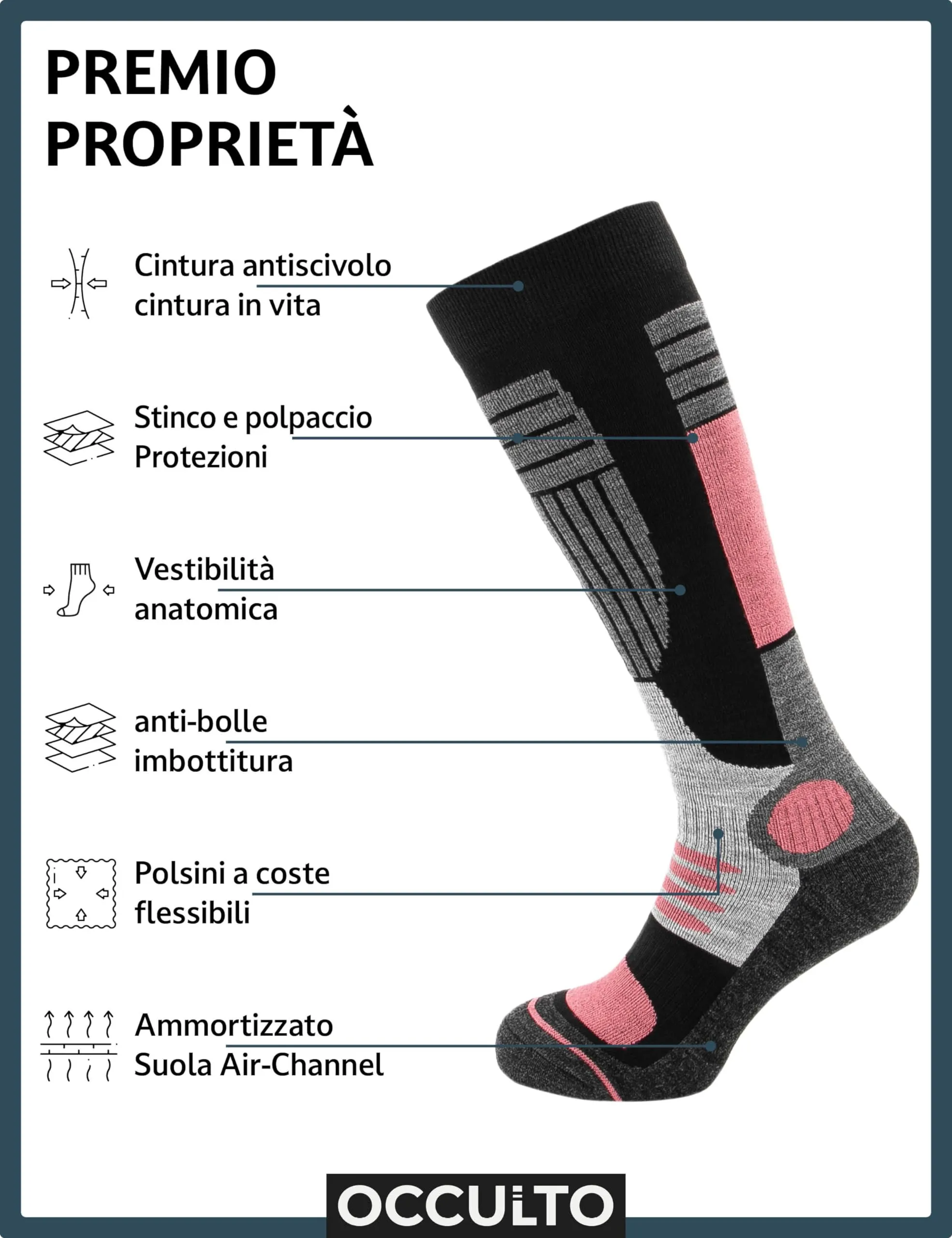 Occulto Calze Sci Termiche Donna, 35-38, 2 Paia (Turchese e Bianca) - immagine 2