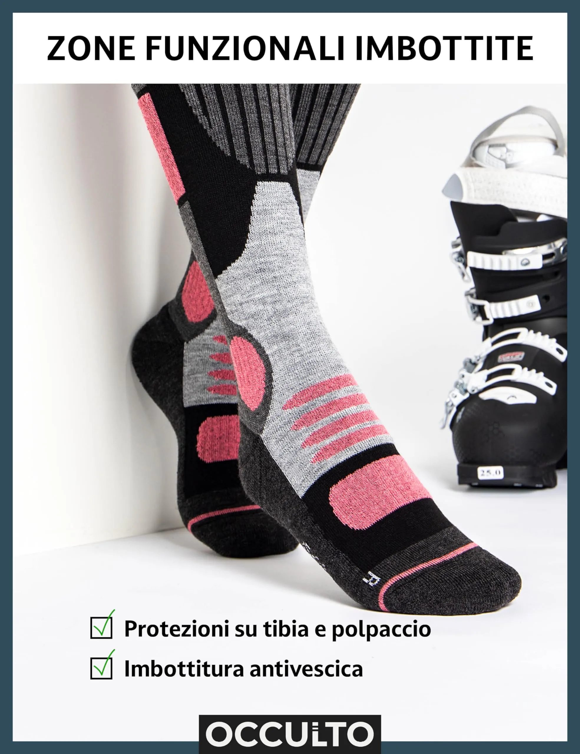 Occulto Calze Sci Termiche Donna, 35-38, 2 Paia (Turchese e Bianca) - immagine 4