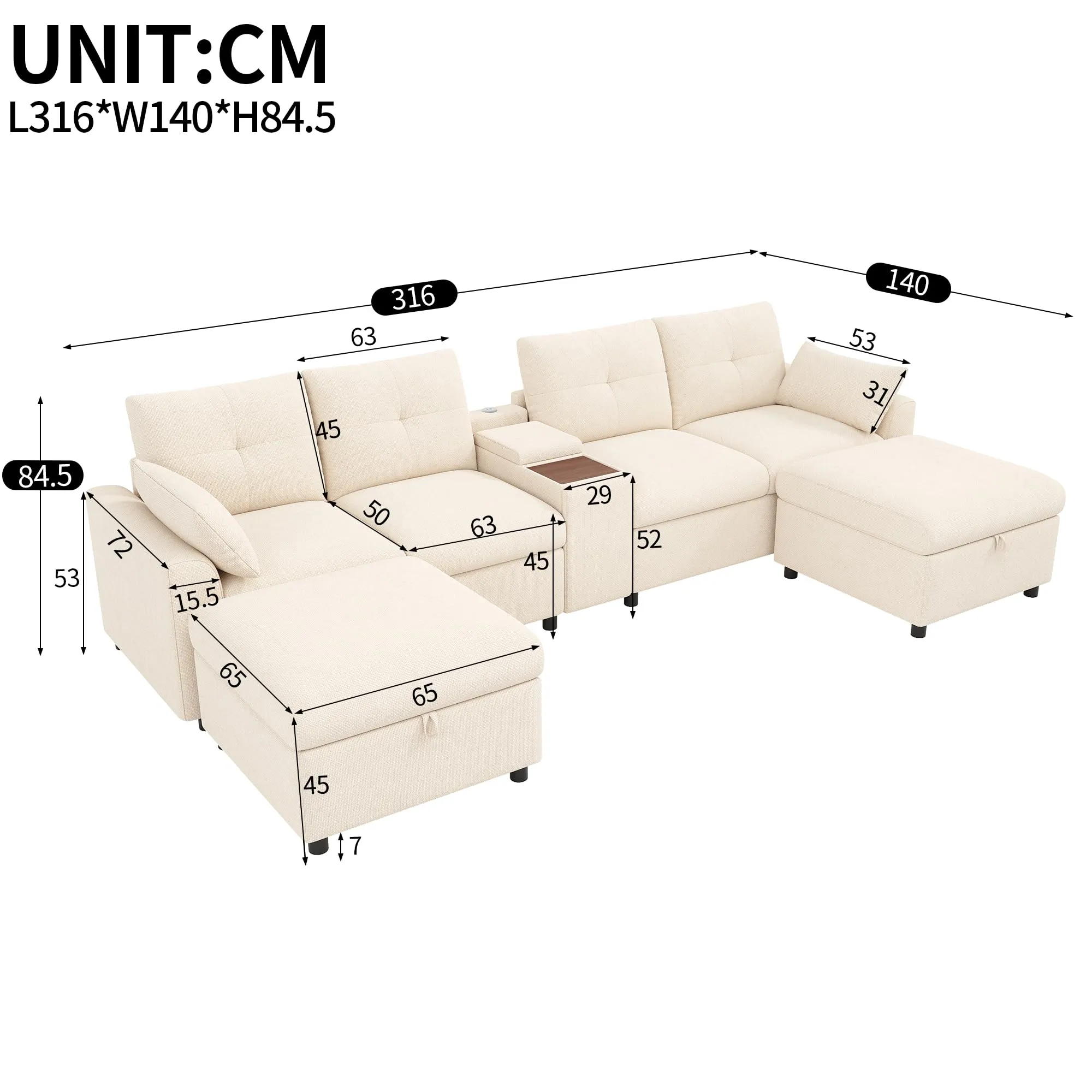BENMWS Divano Angolare Modulare in Ciniglia, Beige, 6 Posti, Forma a U/L, 2 Sgabelli Portaoggetti, Console Centrale con Ripiano e Porte USB/Tipo-C - immagine 2