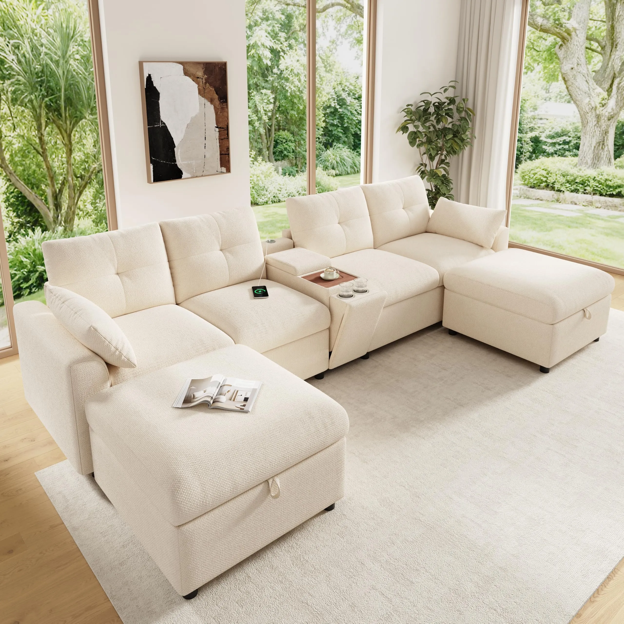 BENMWS Divano Angolare Modulare in Ciniglia, Beige, 6 Posti, Forma a U/L, 2 Sgabelli Portaoggetti, Console Centrale con Ripiano e Porte USB/Tipo-C - immagine 3
