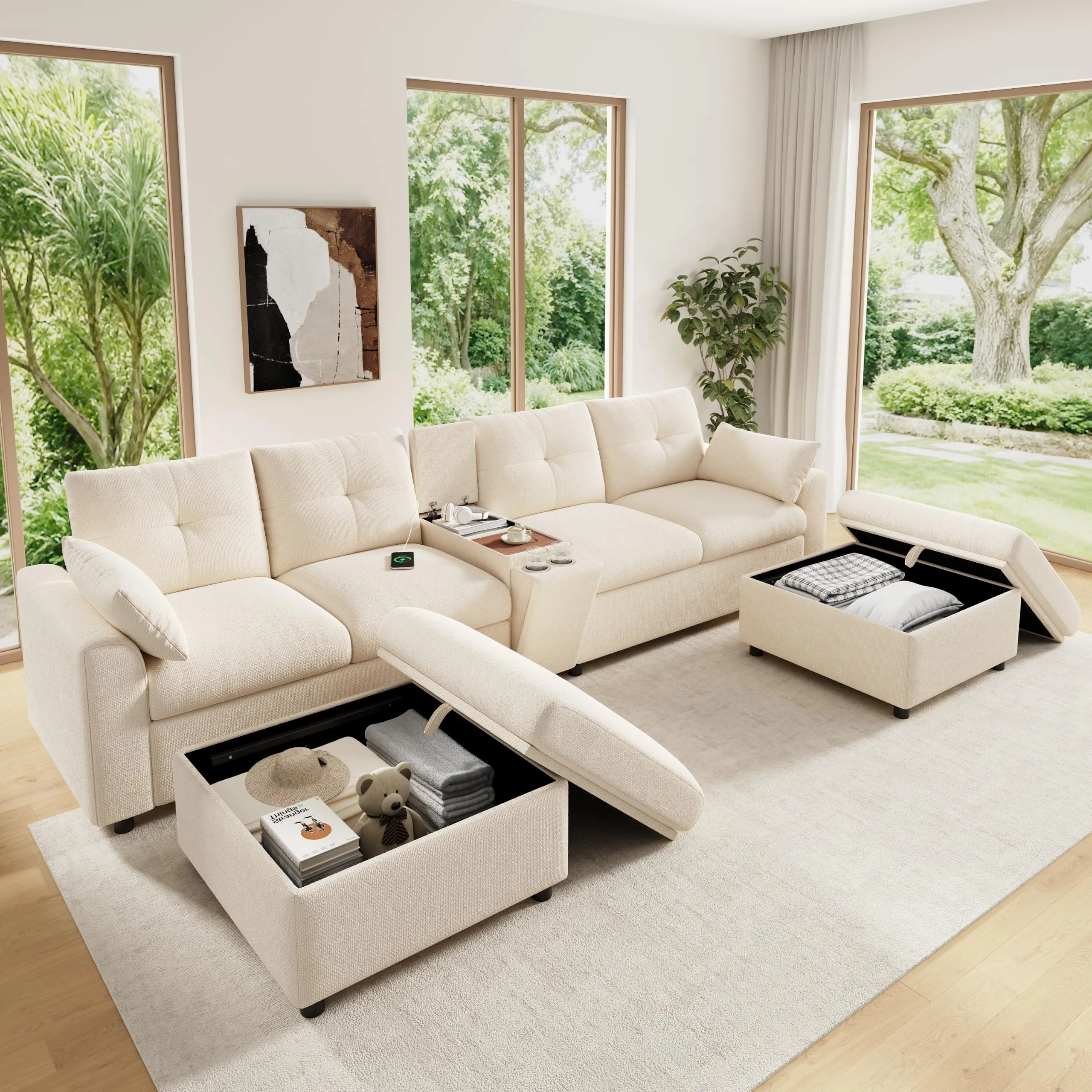 BENMWS Divano Angolare Modulare in Ciniglia, Beige, 6 Posti, Forma a U/L, 2 Sgabelli Portaoggetti, Console Centrale con Ripiano e Porte USB/Tipo-C - immagine 4