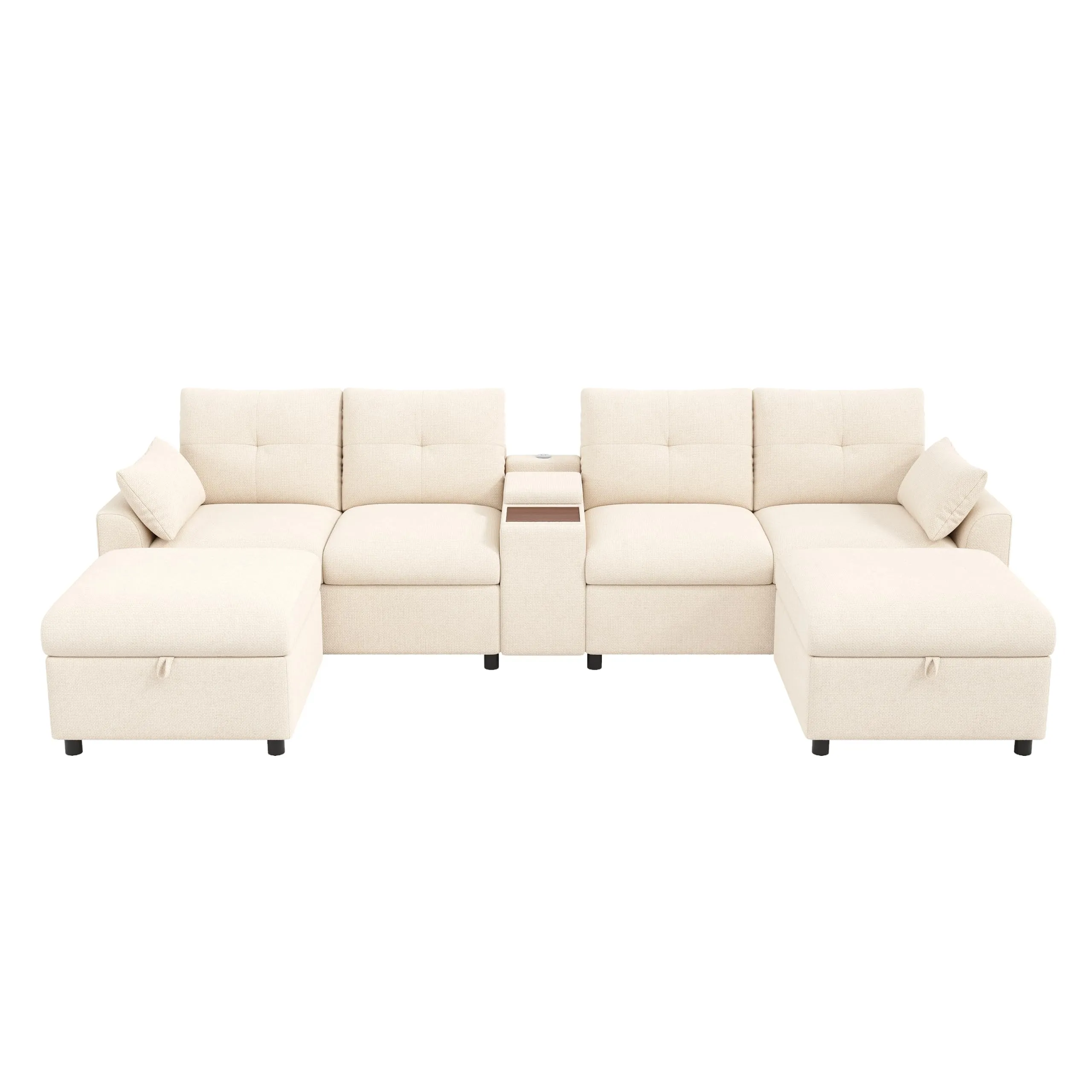 BENMWS Divano Angolare Modulare in Ciniglia, Beige, 6 Posti, Forma a U/L, 2 Sgabelli Portaoggetti, Console Centrale con Ripiano e Porte USB/Tipo-C - immagine 5