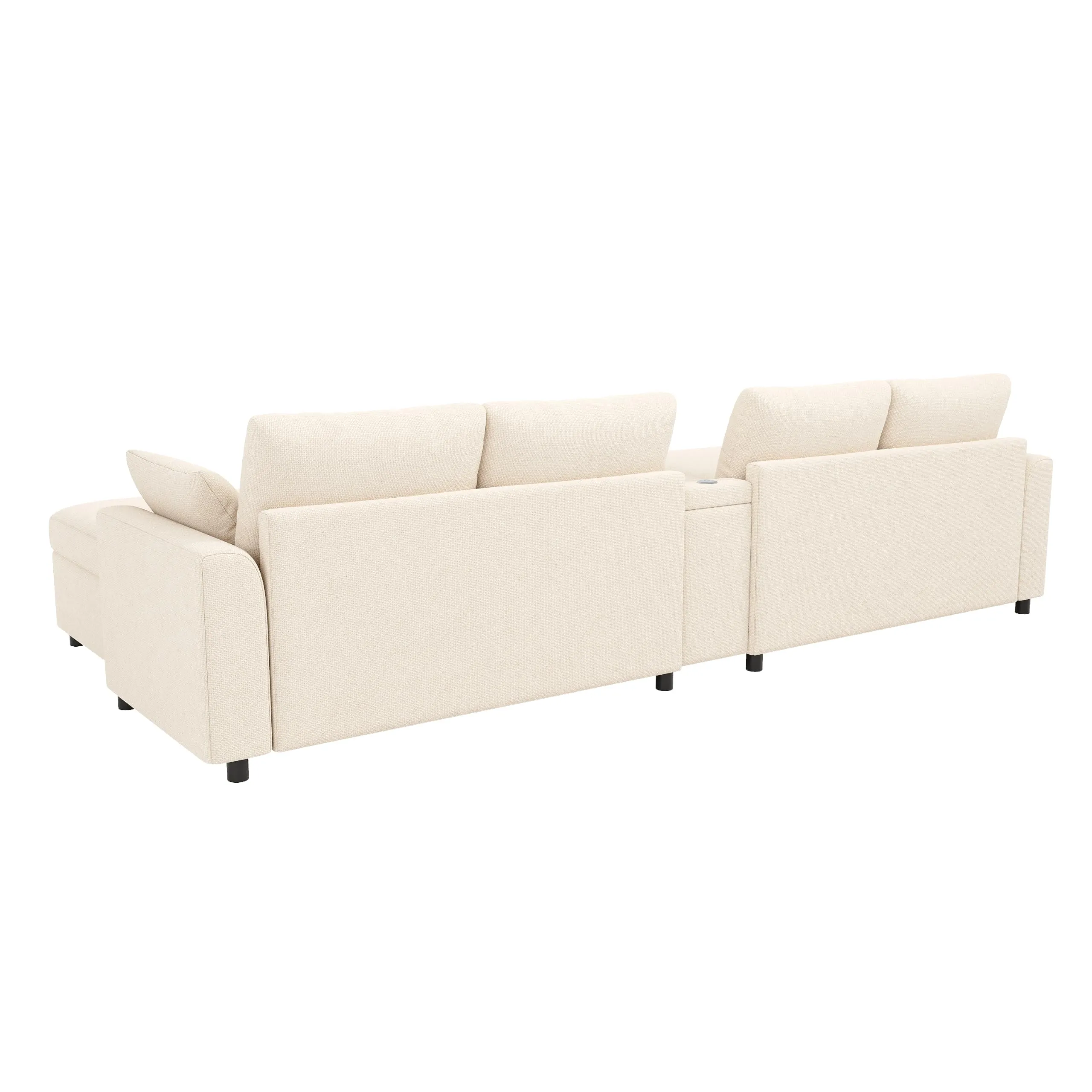 BENMWS Divano Angolare Modulare in Ciniglia, Beige, 6 Posti, Forma a U/L, 2 Sgabelli Portaoggetti, Console Centrale con Ripiano e Porte USB/Tipo-C - immagine 6