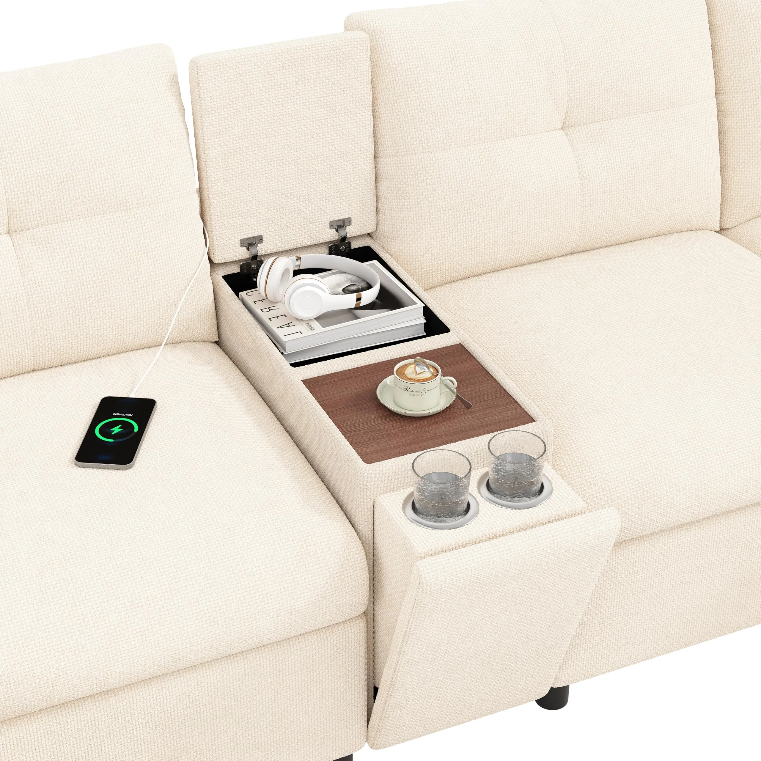 BENMWS Divano Angolare Modulare in Ciniglia, Beige, 6 Posti, Forma a U/L, 2 Sgabelli Portaoggetti, Console Centrale con Ripiano e Porte USB/Tipo-C - immagine 8