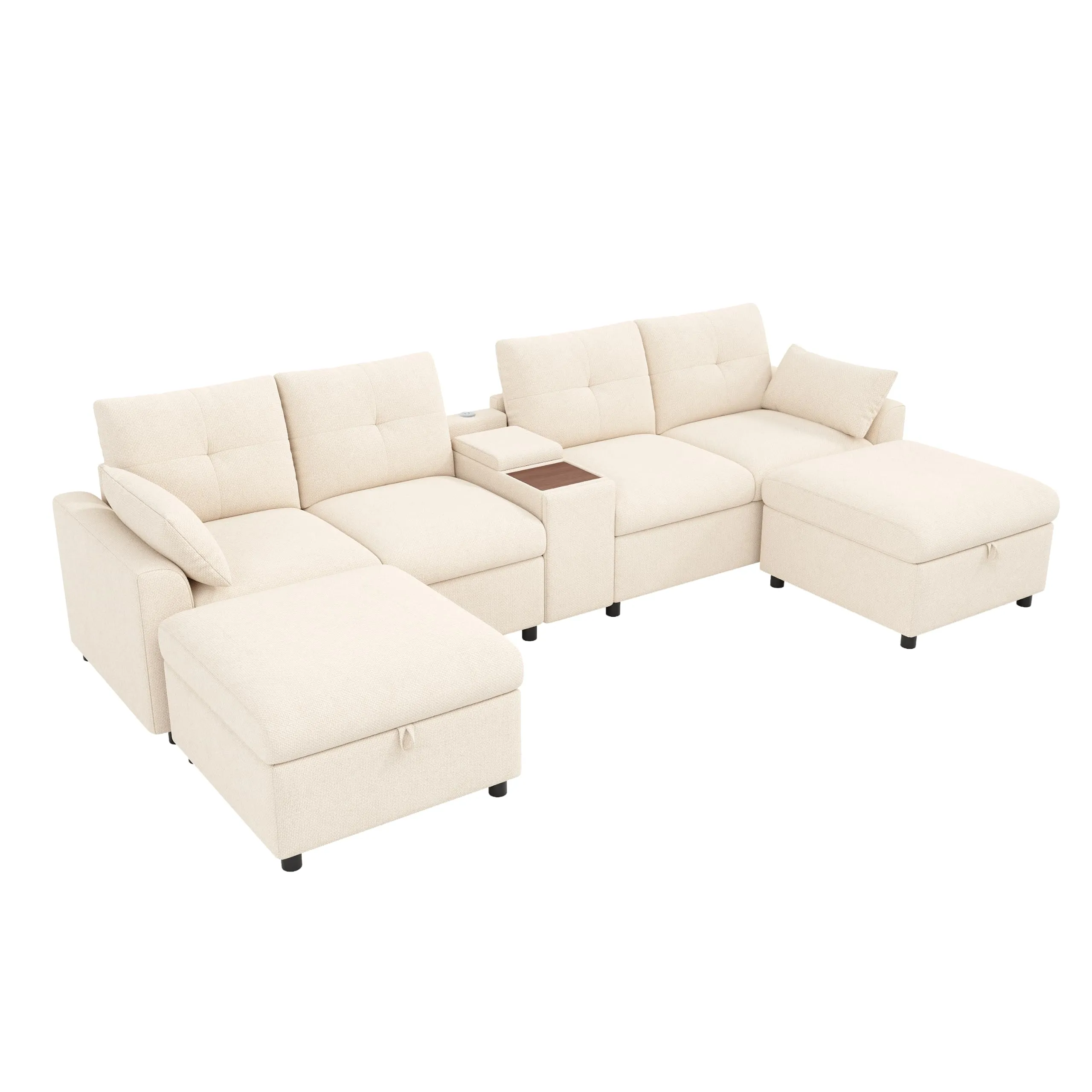 BENMWS Divano Angolare Modulare in Ciniglia, Beige, 6 Posti, Forma a U/L, 2 Sgabelli Portaoggetti, Console Centrale con Ripiano e Porte USB/Tipo-C - immagine 9
