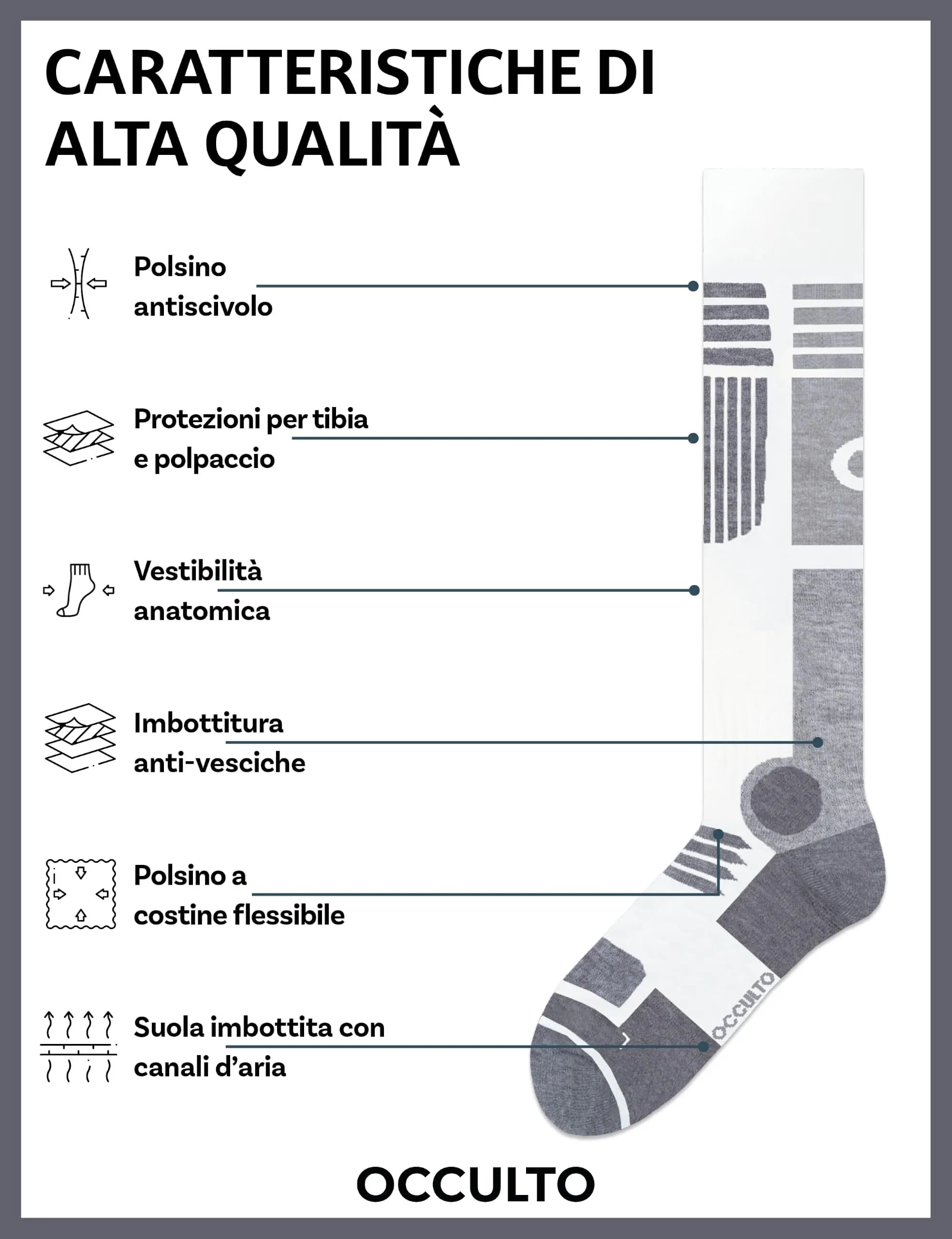 Occulto Calze Sci Termiche Donna, 39-42, 2 Paia (1 Nero, 1 Bianco) - immagine 2