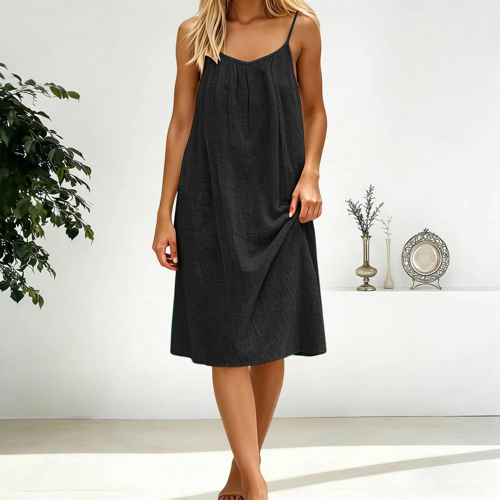Generico Vestito Lungo Estivo Donna Senza Maniche, Nero - immagine 3