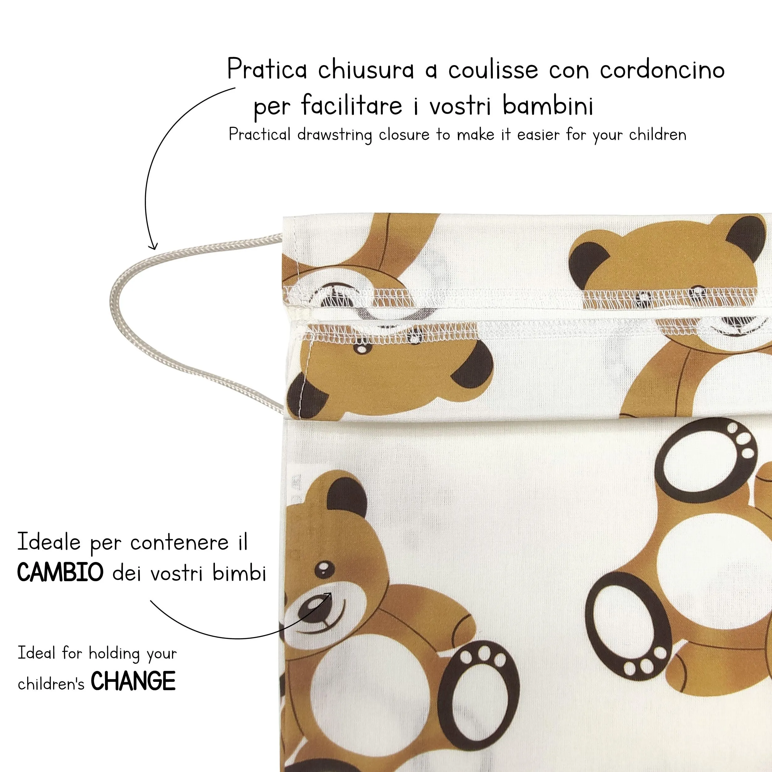 Panini Tessuti Sacchetto per il cambio asilo nido 100% Cotone 34x44 cm Orsetto Peluche - immagine 5