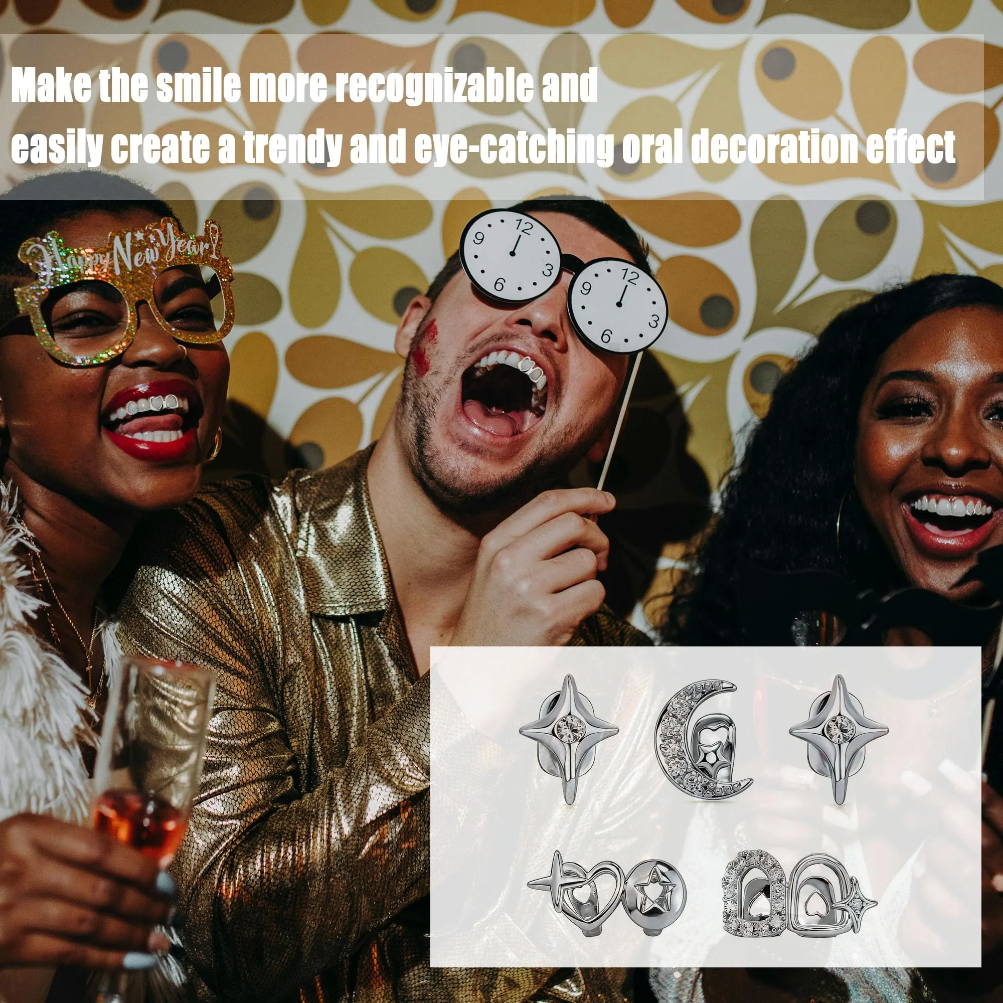 LONGHAO Set di 2 Grillz per Denti Hip Hop con Stampi in Silicone, Metallo - immagine 5