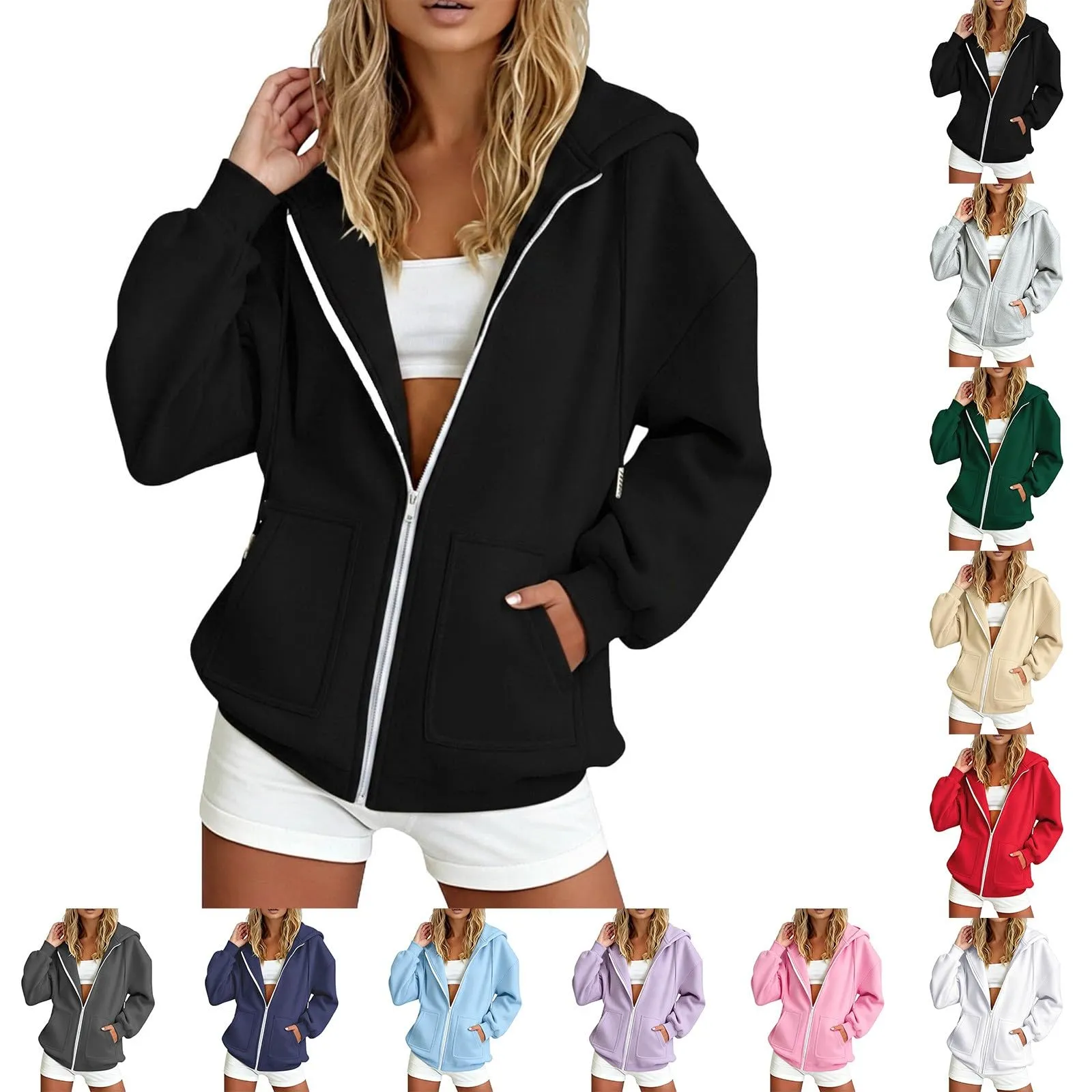 Sobzia Felpa Donna con Zip e Cappuccio Oversize Nero L - immagine 1
