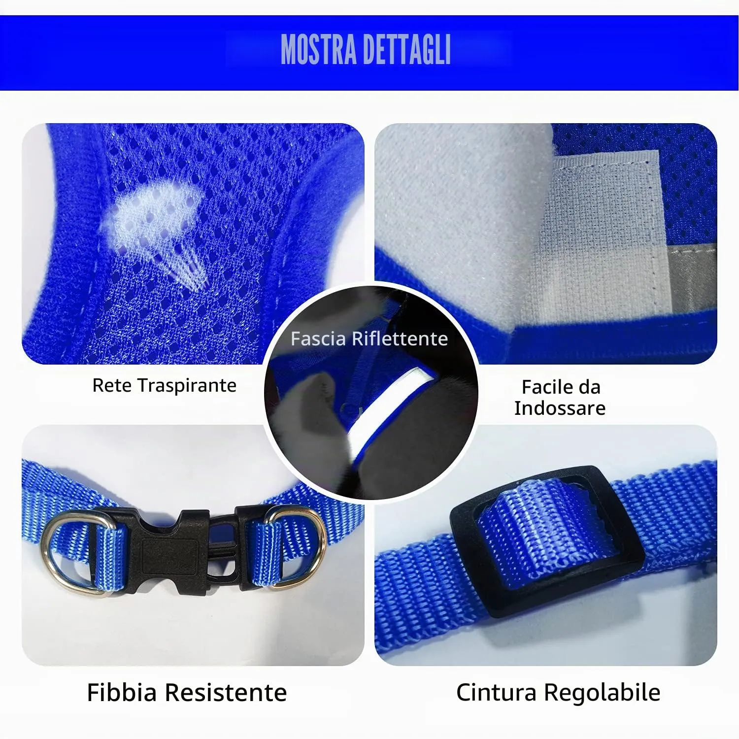 FEimaX Set Imbracatura e Guinzaglio per Cani e Gatti, Imbottita, Traspirante e Riflettente, Blu, S (Torace 30-34cm) - immagine 3