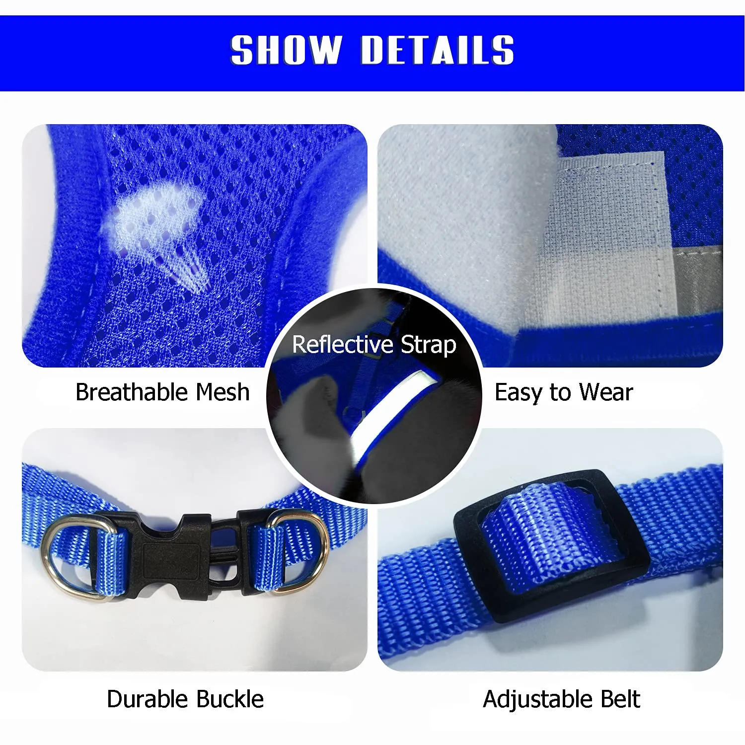 FEimaX Set Imbracatura e Guinzaglio per Cani e Gatti, Imbottita, Traspirante, Riflettente, Taglia M (Torace 35-40cm), Blu - immagine 3