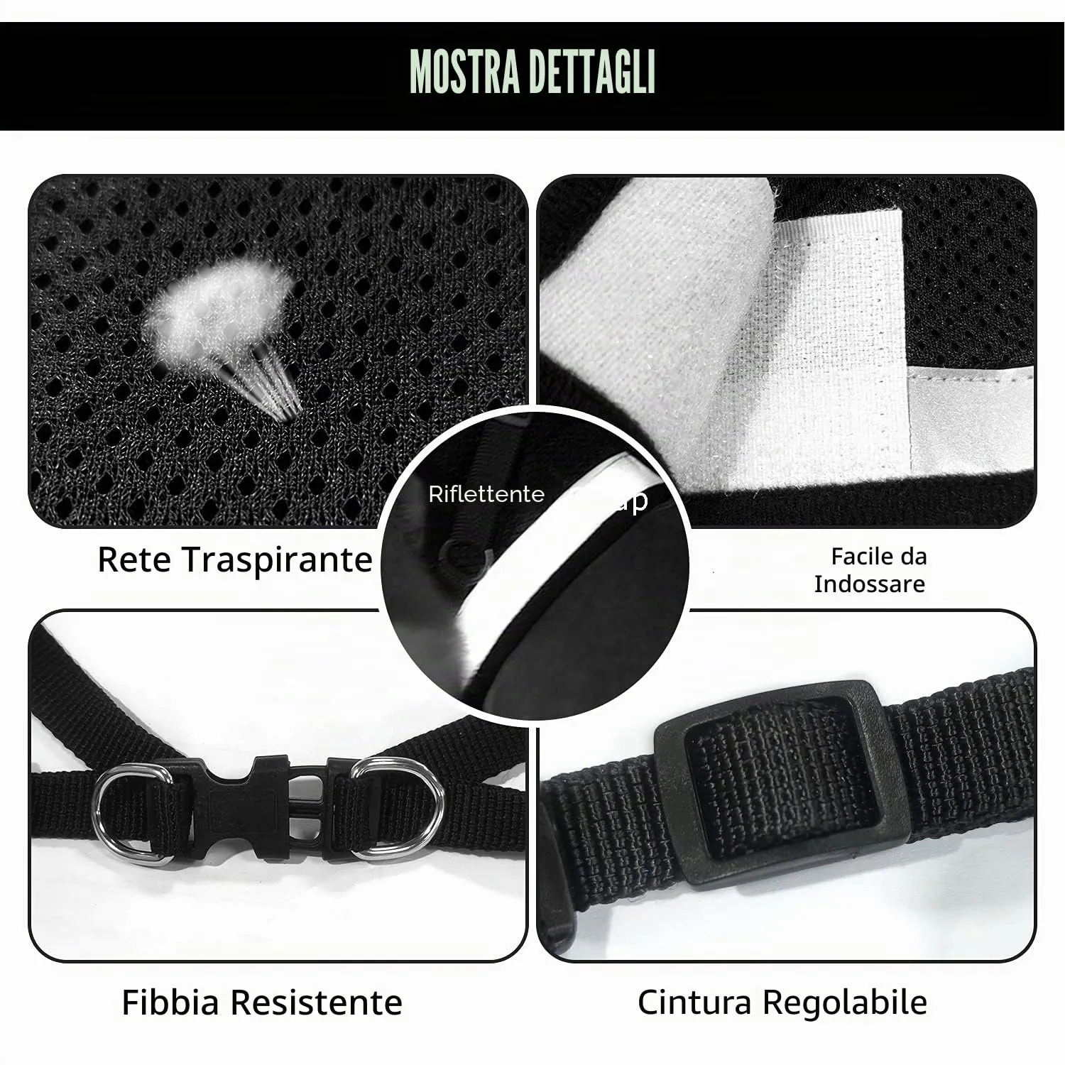 FEimaX Set Imbracatura e Guinzaglio per Cani e Gatti, Imbottita, Traspirante e Riflettente, Nero, XS (Torace 26-29cm) - immagine 3