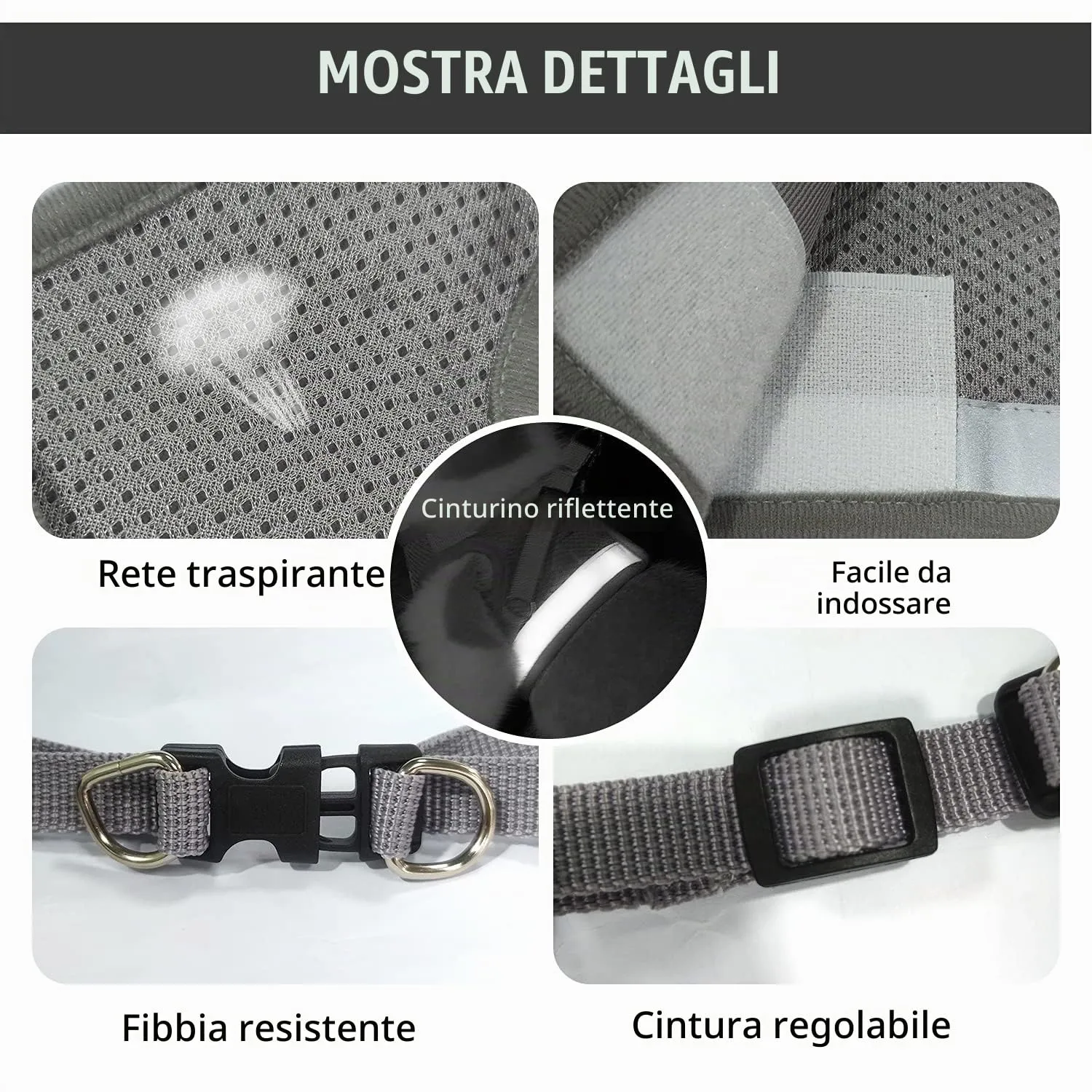 FEimaX Set Imbracatura e Guinzaglio per Cani e Gatti, Pettorina Imbottita Traspirante e Riflettente, Grigio, XS (Torace 26-29cm) - immagine 4