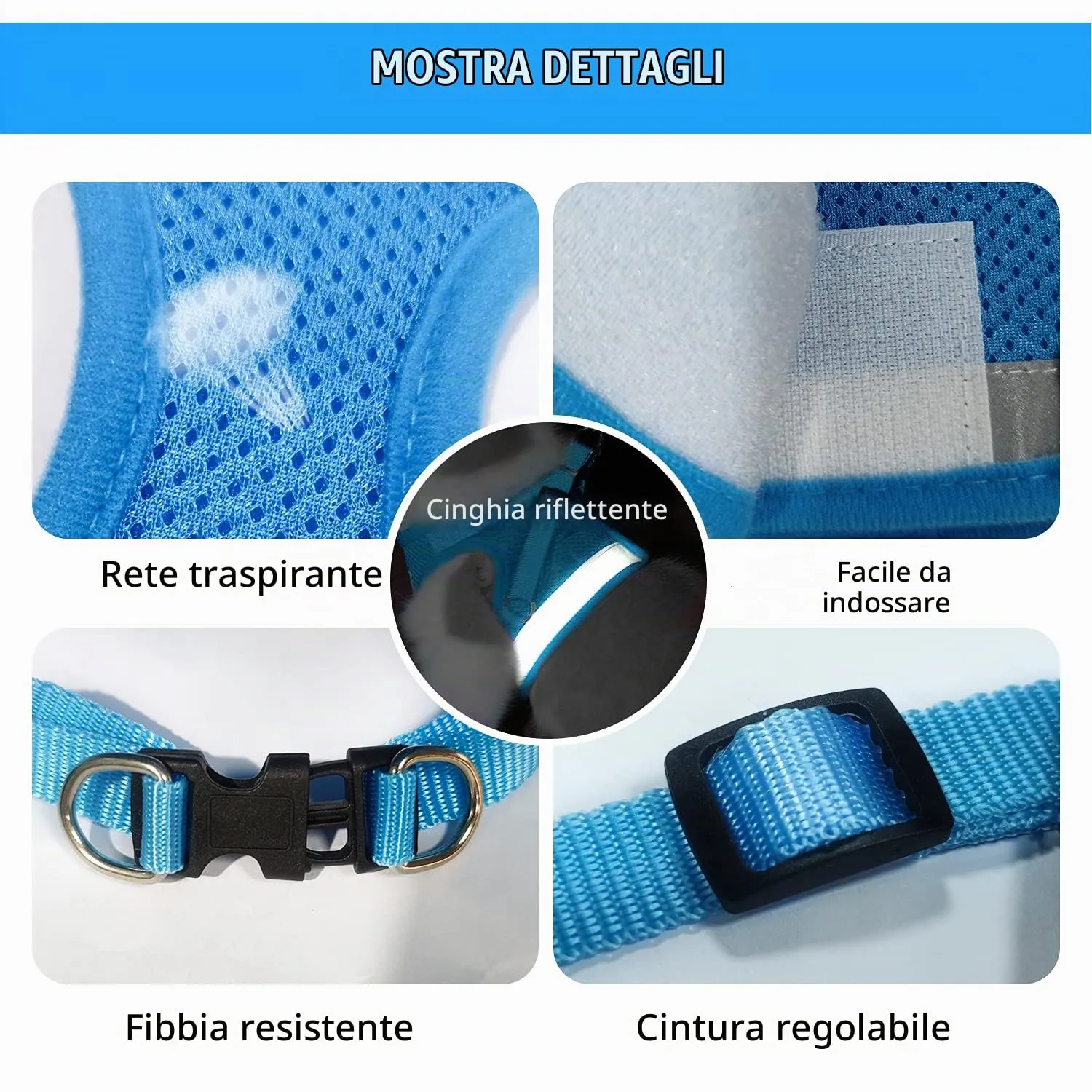 FEimaX Set Imbracatura e Guinzaglio per Cani e Gatti, Pettorina Imbottita Traspirante e Riflettente, XS Azzurro - immagine 3