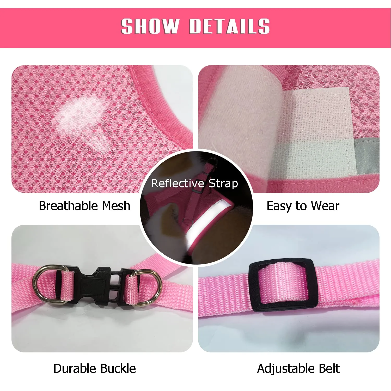FEimaX Set Imbracatura e Guinzaglio per Cani e Gatti, Pettorina Imbottita Traspirante Regolabile e Riflettente, Rosa, Taglia M (Torace 35-40cm) - immagine 3