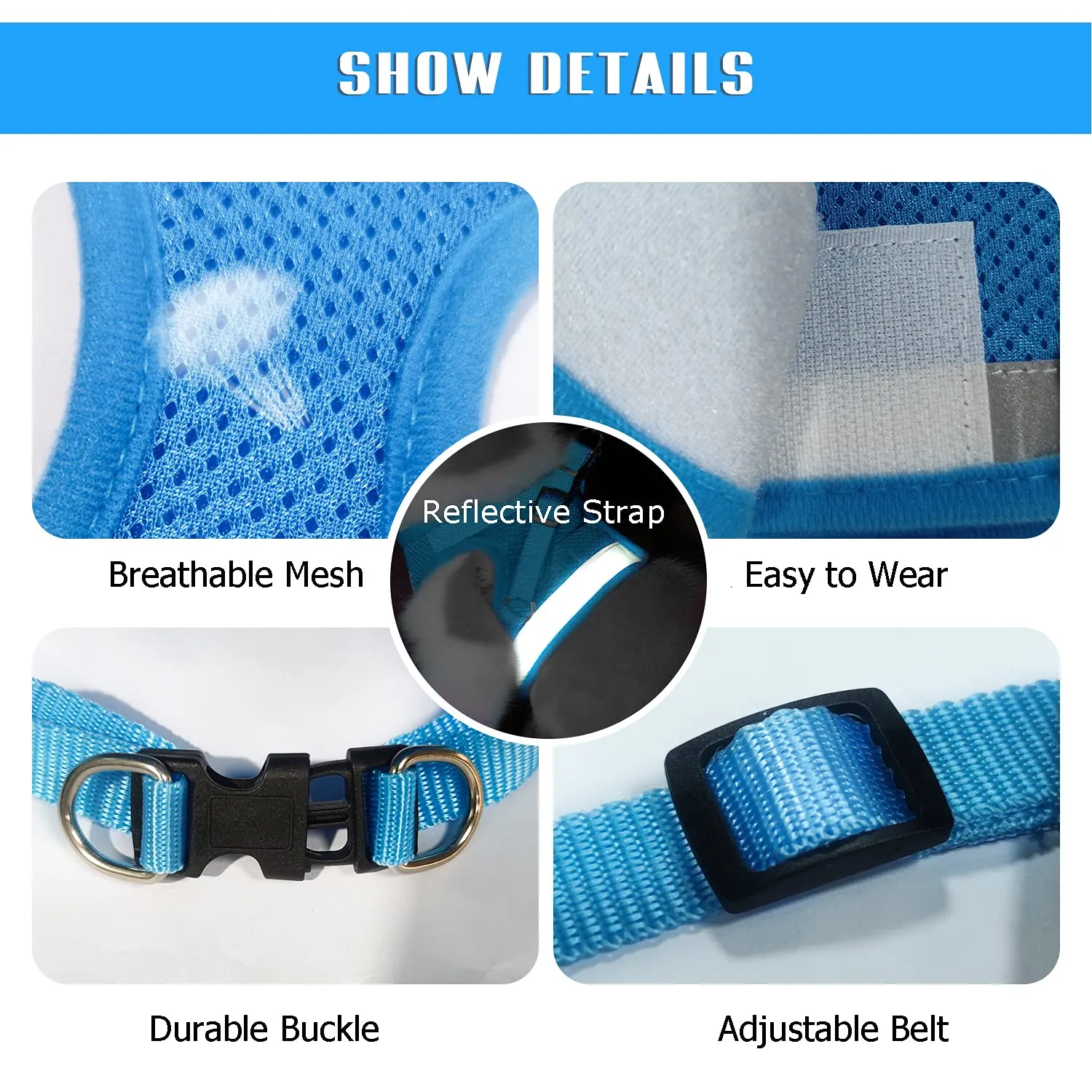 FEimaX Set Imbracatura e Guinzaglio per Cani e Gatti, Pettorina Imbottita Traspirante Regolabile e Riflettente, Azzurro, M (Torace 35-40cm) - immagine 3