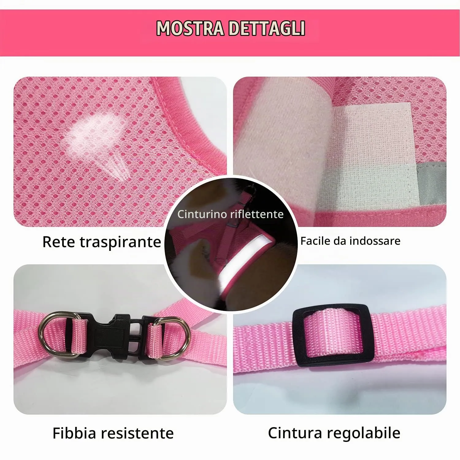 FEimaX Set Imbracatura e Guinzaglio per Cani e Gatti, Pettorina Imbottita Traspirante e Riflettente, Rosa, XS (Torace 26-29cm) - immagine 3